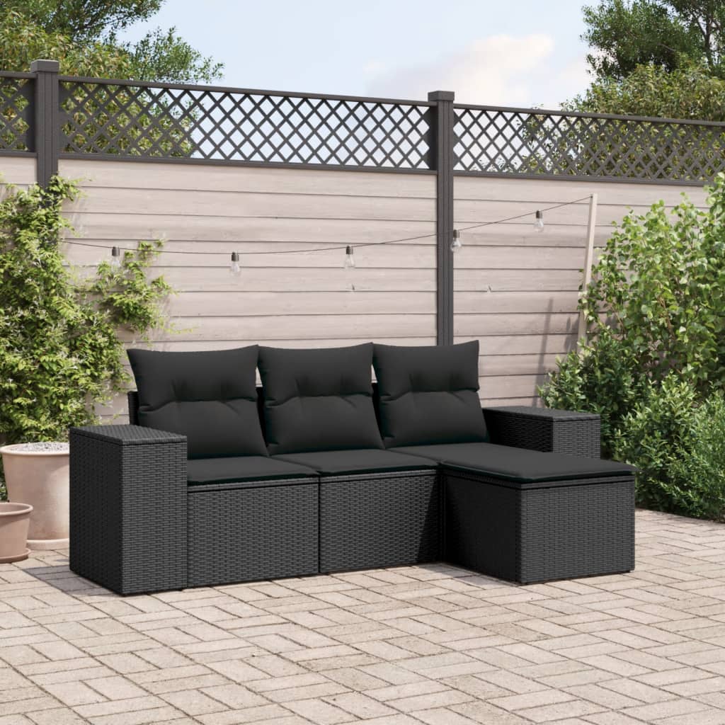 4 Pcs conjunto de sofás para jardim c/ almofadões vime PE preto