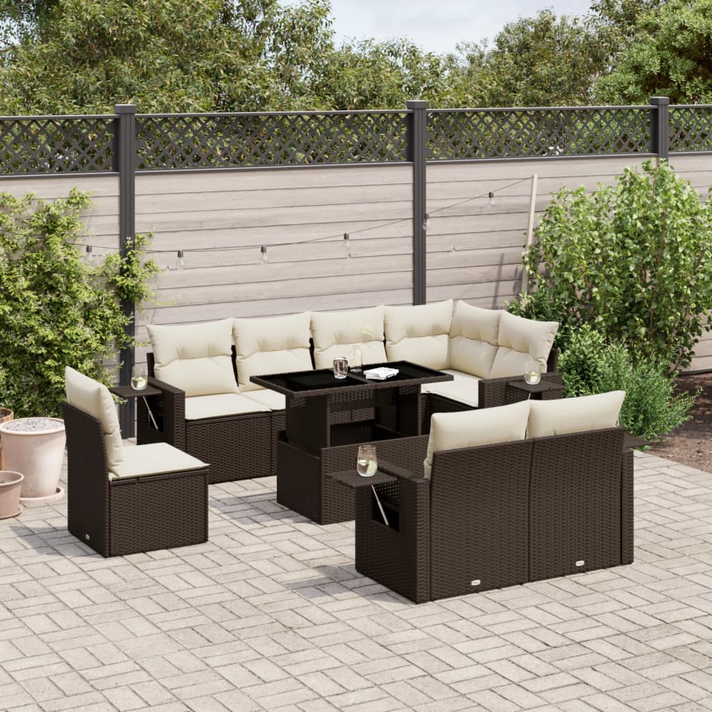 9 Pcs conjunto sofás p/ jardim c/ almofadões vime PE castanho