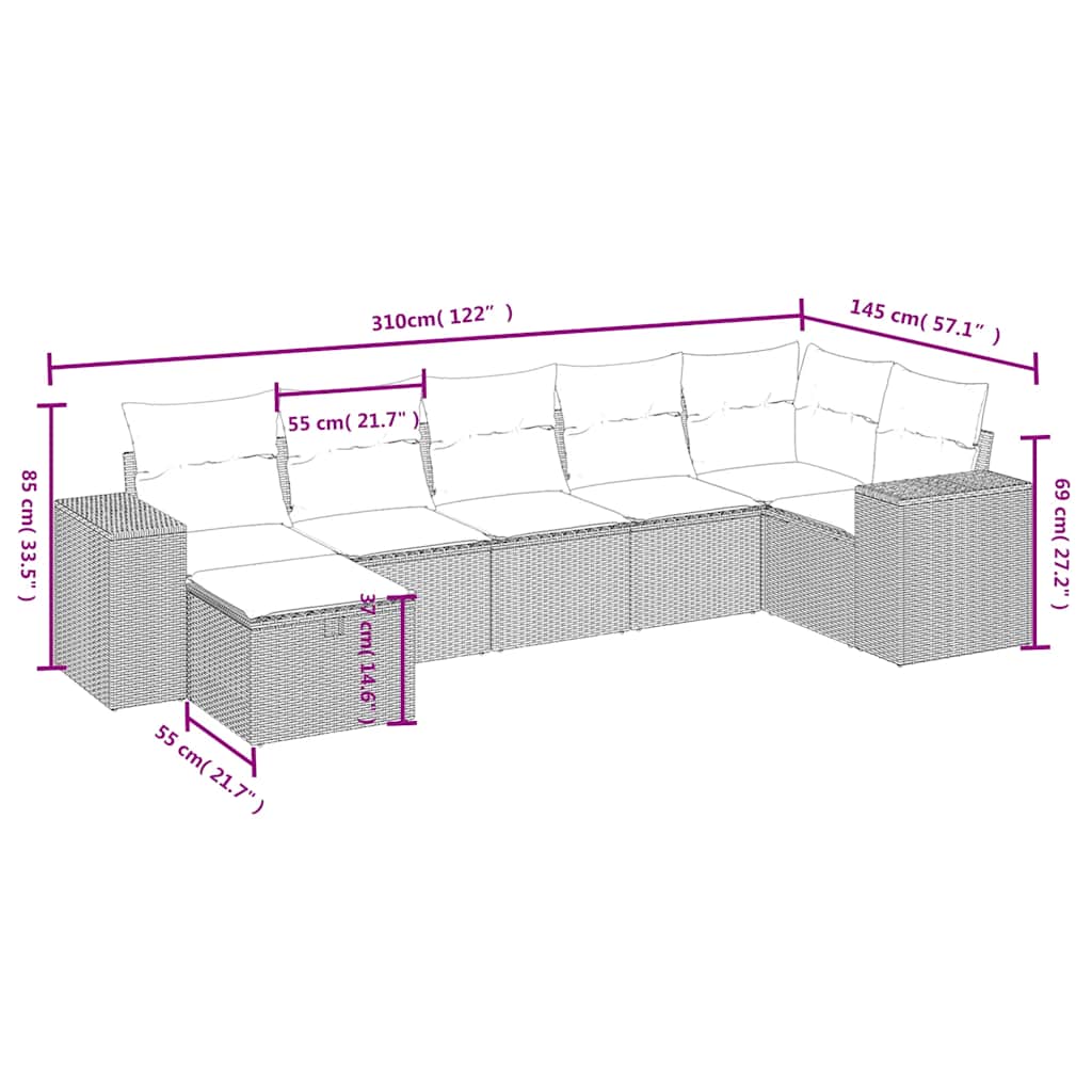 7 Pcs conjunto de sofás p/ jardim c/ almofadões vime PE preto