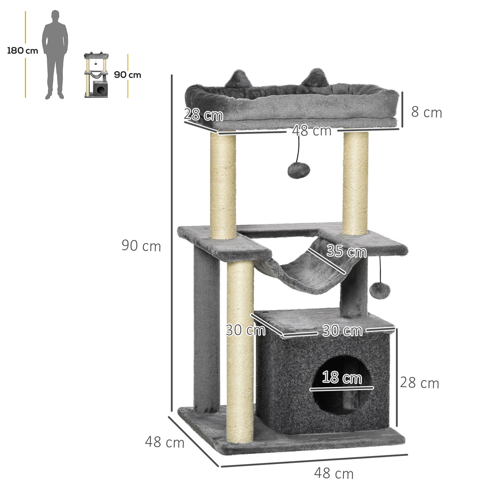 Arranhador para Gatos de 3 Níveis com Caverna Rede Plataforma Bolas Suspensas e Poste de Sisal 48x48x90 cm Cinza