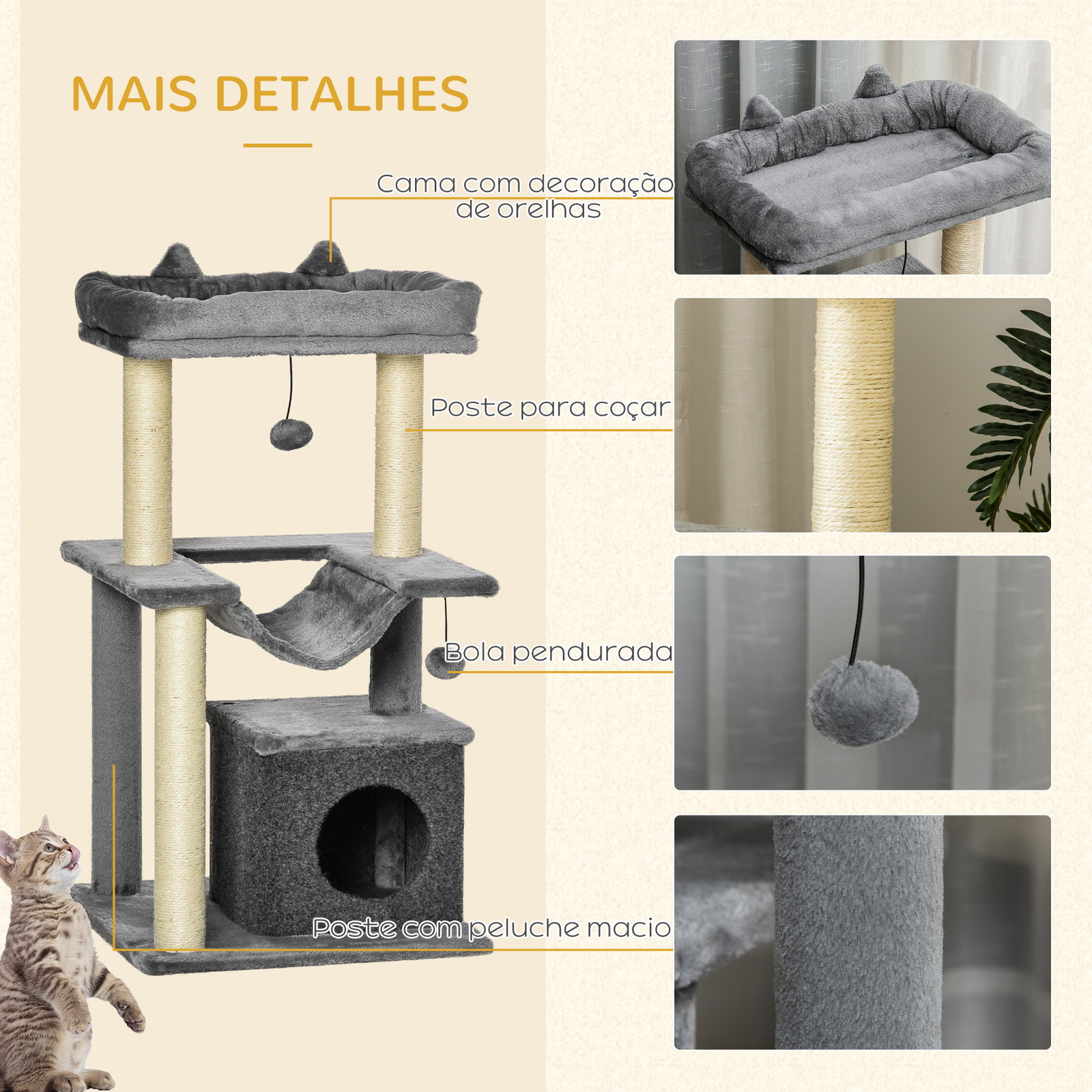 Arranhador para Gatos de 3 Níveis com Caverna Rede Plataforma Bolas Suspensas e Poste de Sisal 48x48x90 cm Cinza