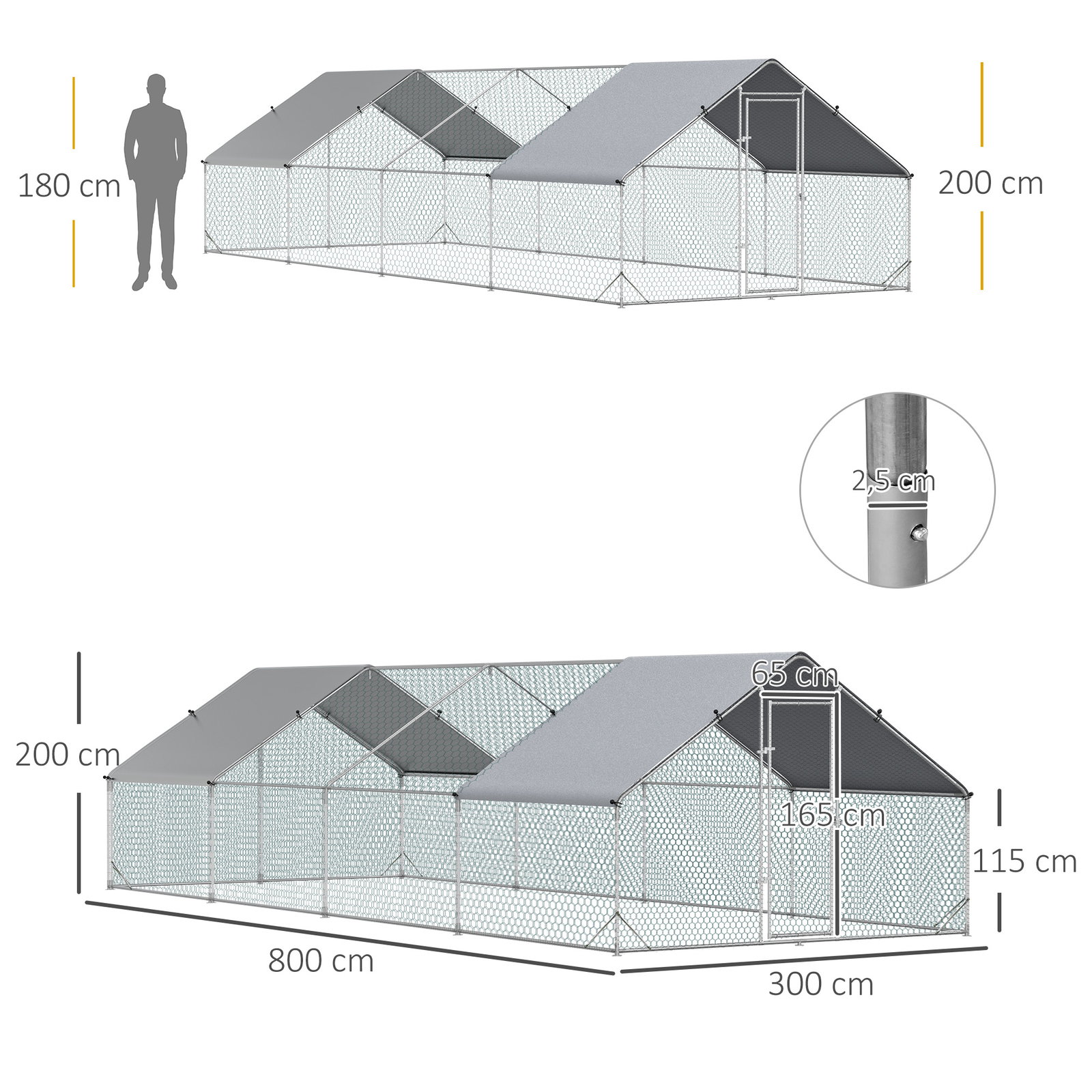 Galinheiro Exterior Grande 24 m² Gaiola para 16-24 Galinhas 3x8x2 m Galinheiro de Aço Galvanizado com Cobertura de PE e Porta co