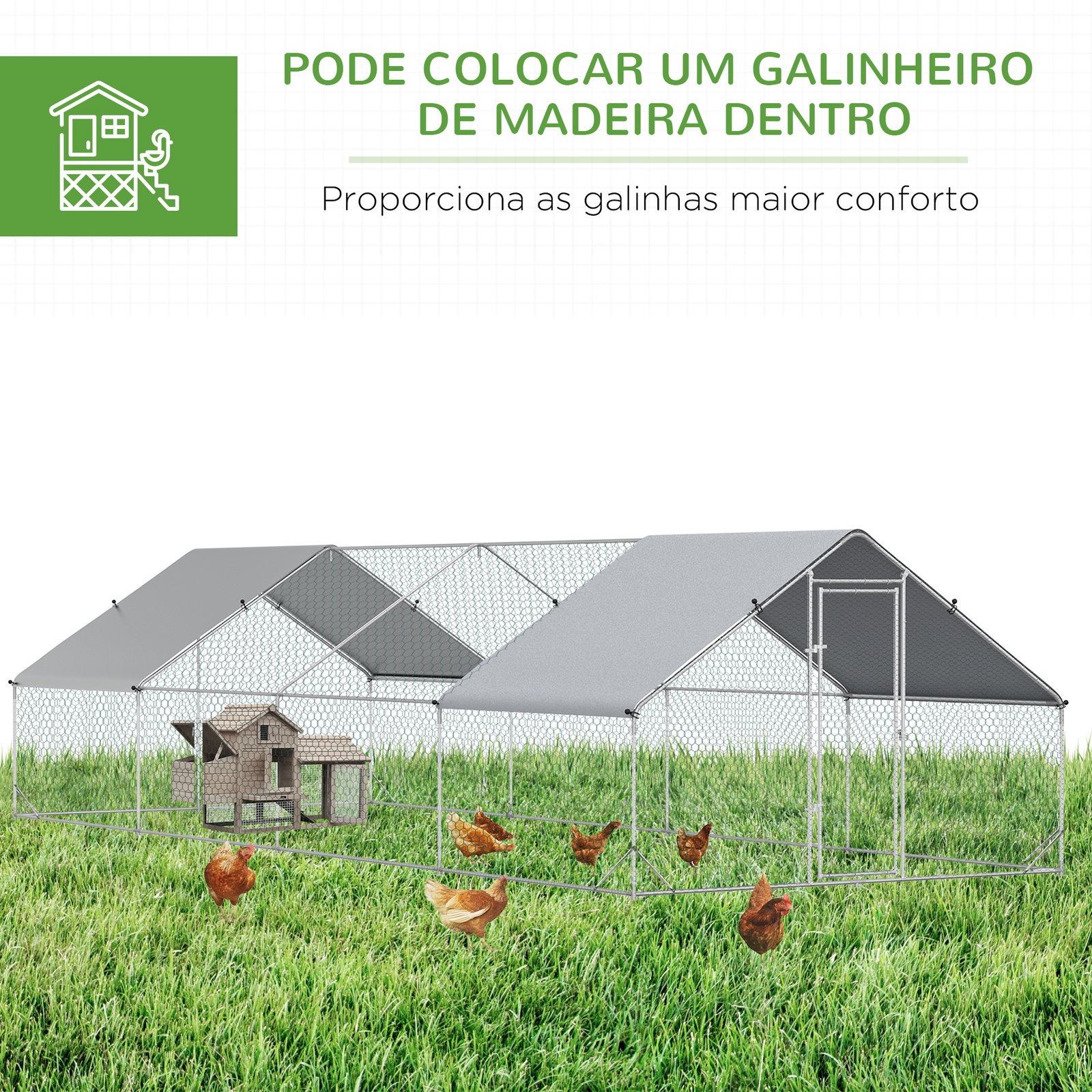 Galinheiro Exterior Grande 24 m² Gaiola para 16-24 Galinhas 3x8x2 m Galinheiro de Aço Galvanizado com Cobertura de PE e Porta co