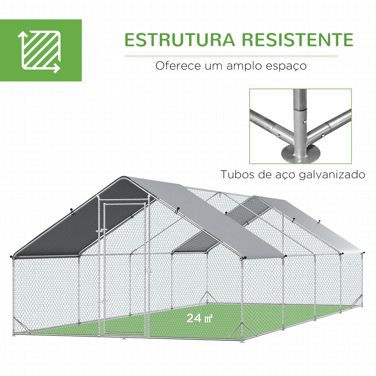 Galinheiro Exterior Grande 24 m² Gaiola para 16-24 Galinhas 3x8x2 m Galinheiro de Aço Galvanizado com Cobertura de PE e Porta co