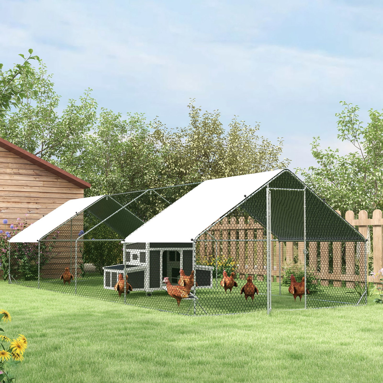 Galinheiro Exterior Grande 24 m² Gaiola para 16-24 Galinhas 3x8x2 m Galinheiro de Aço Galvanizado com Cobertura de PE e Porta co