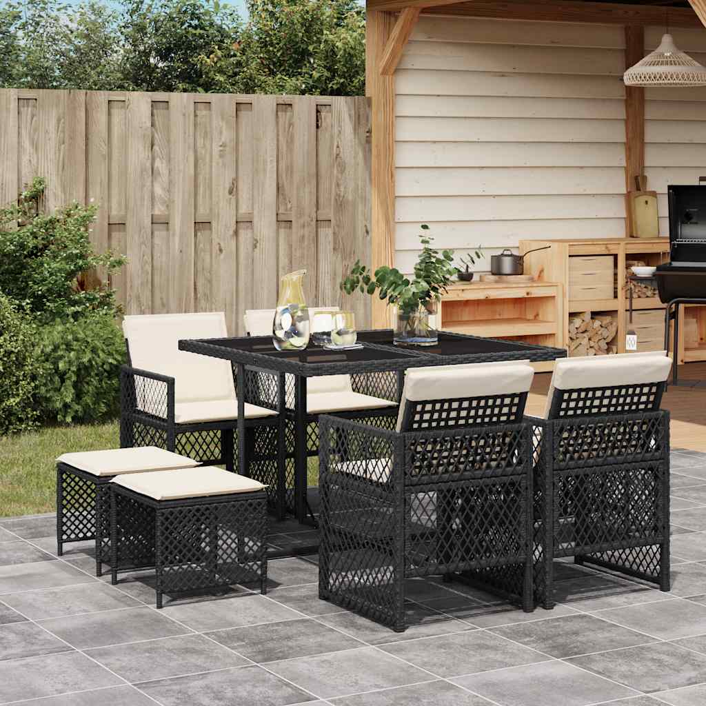9 Pcs conjunto de jantar p/ jardim c/ almofadões vime PE preto