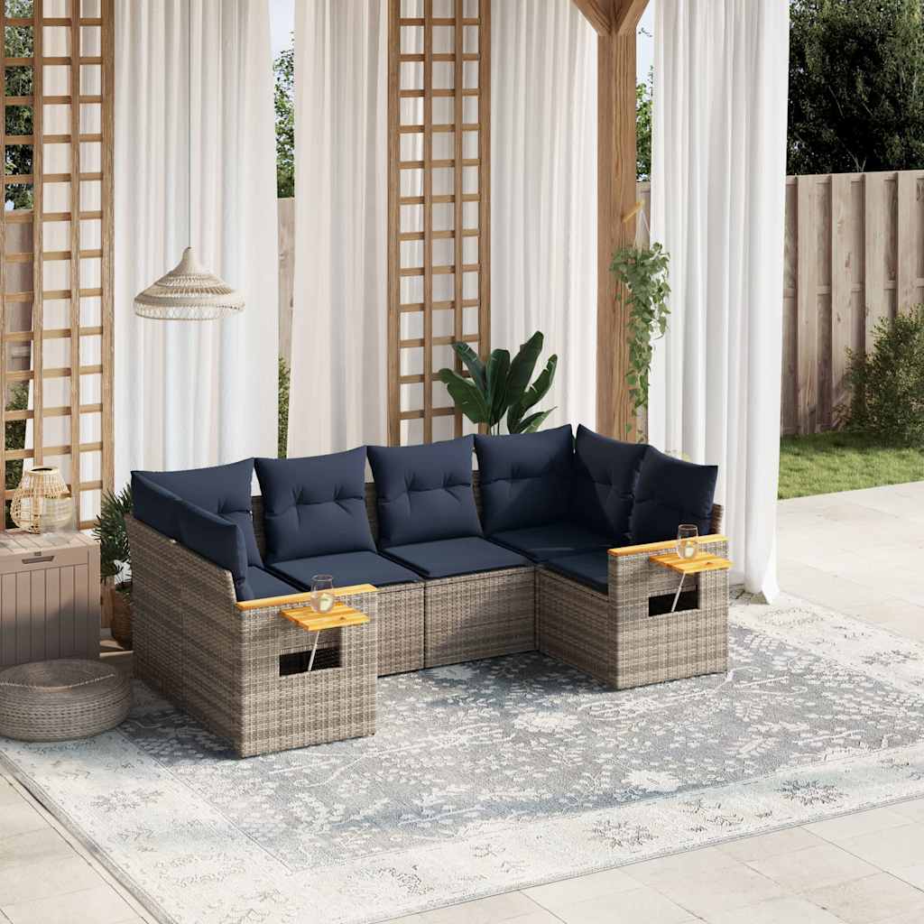 6 Pcs conjunto sofás p/ jardim c/ almofadões vime PE cinzento