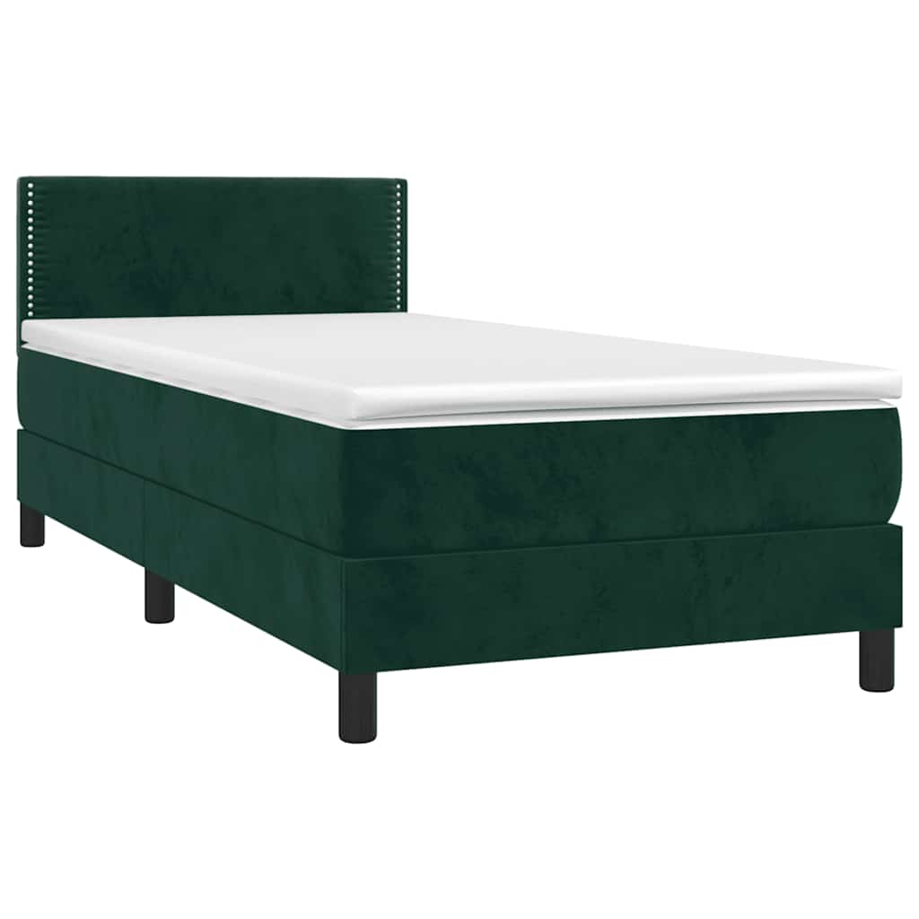 Cama box spring c/ colchão/LED 100x200 cm veludo verde-escuro