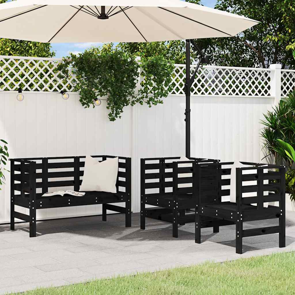 3 Pcs conjunto lounge de jardim madeira de pinho maciça preto
