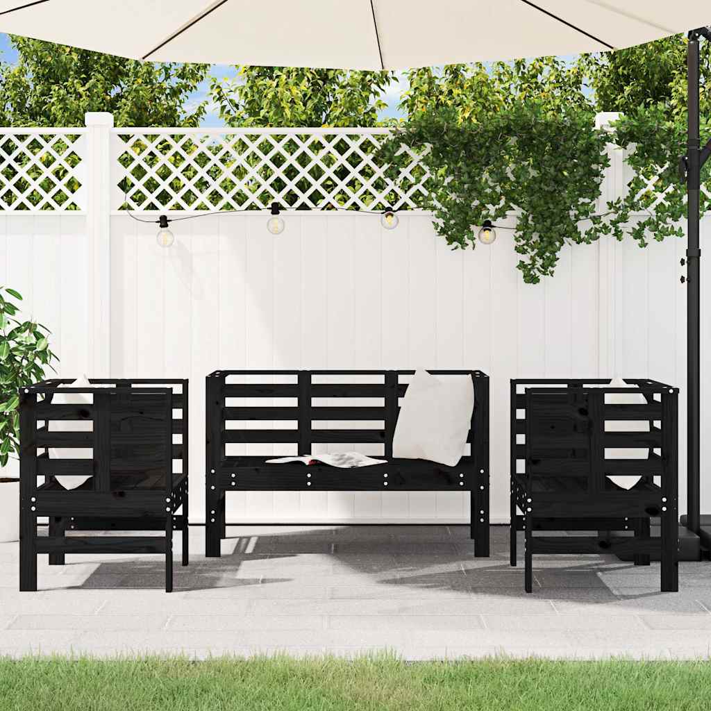 3 Pcs conjunto lounge de jardim madeira de pinho maciça preto