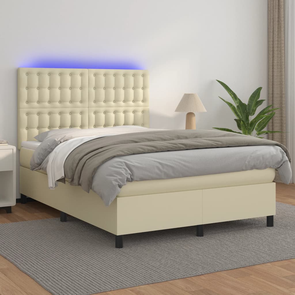 Cama box spring c/ colchão/LED 140x190cm couro artificial creme