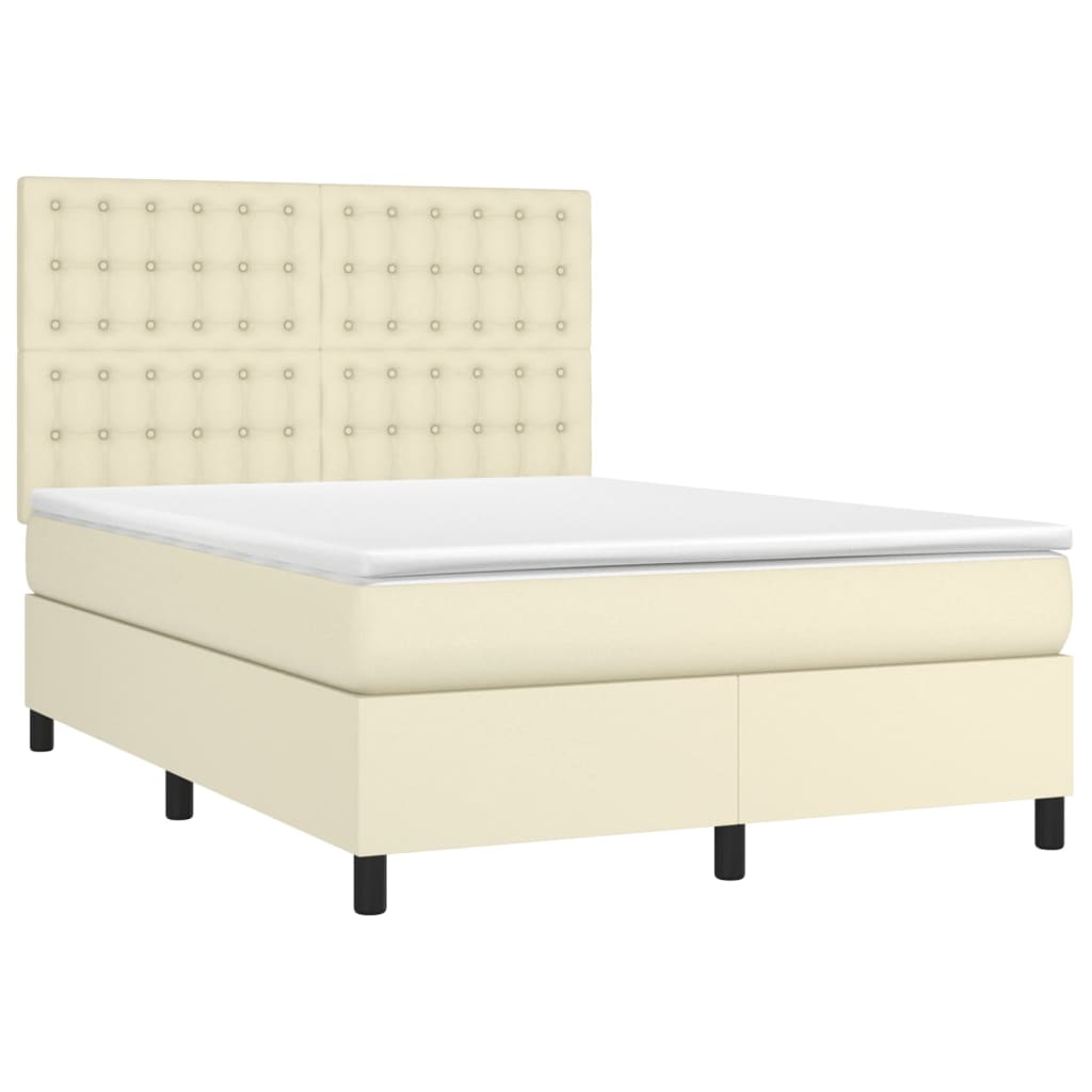 Cama box spring c/ colchão/LED 140x190cm couro artificial creme