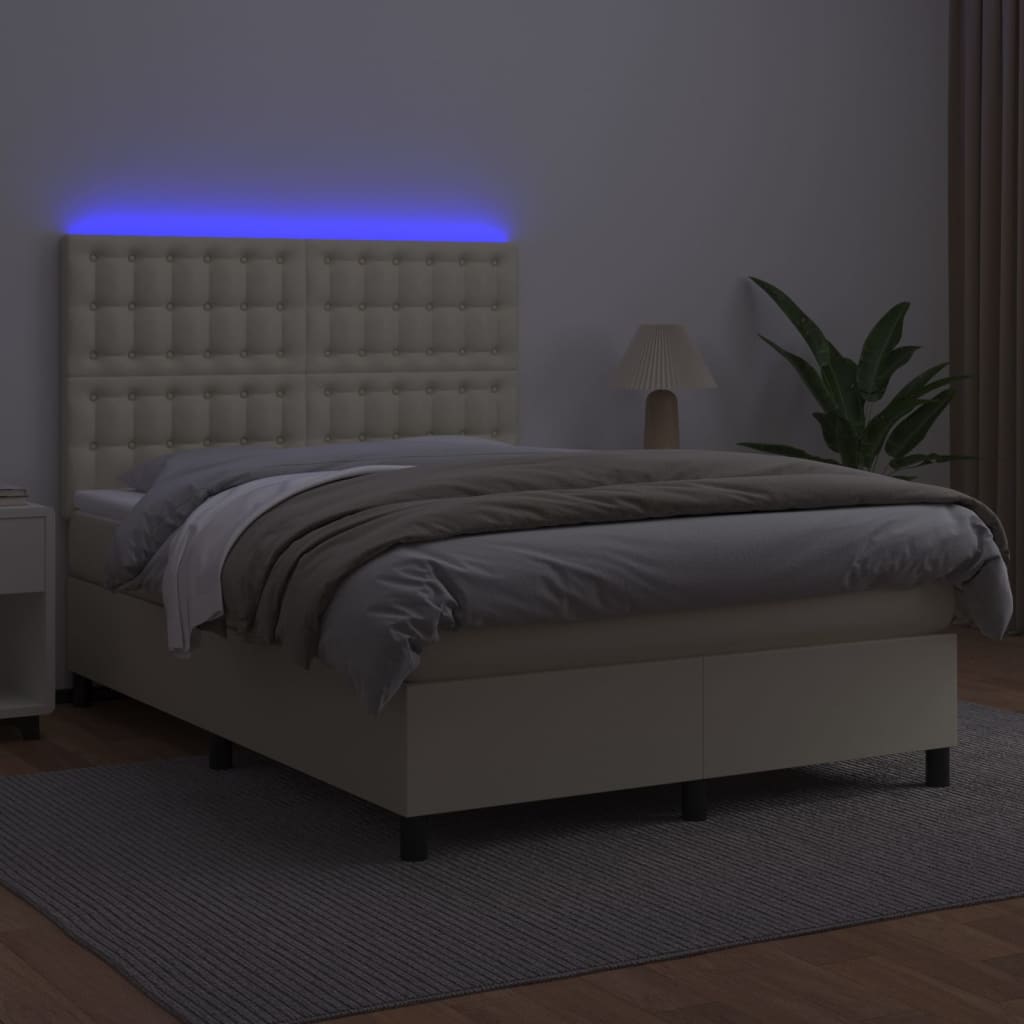 Cama box spring c/ colchão/LED 140x190cm couro artificial creme