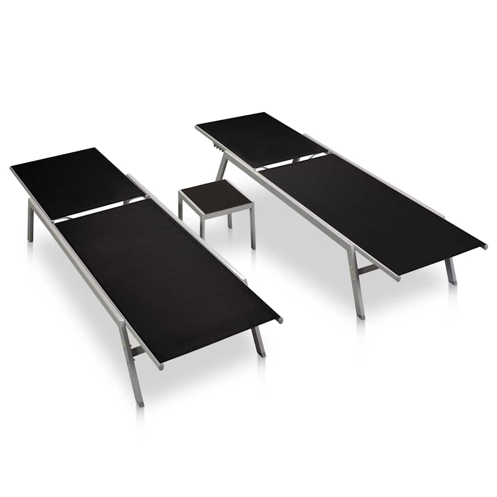 Espreguiçadeiras com mesa 2 pcs aço e textilene preto