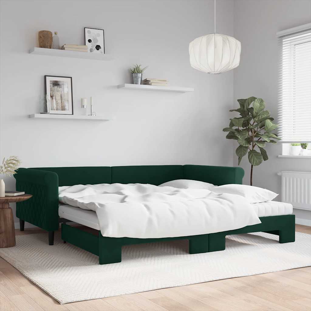 Sofá-cama c/ gavetão e colchões 100x200cm veludo verde-escuro