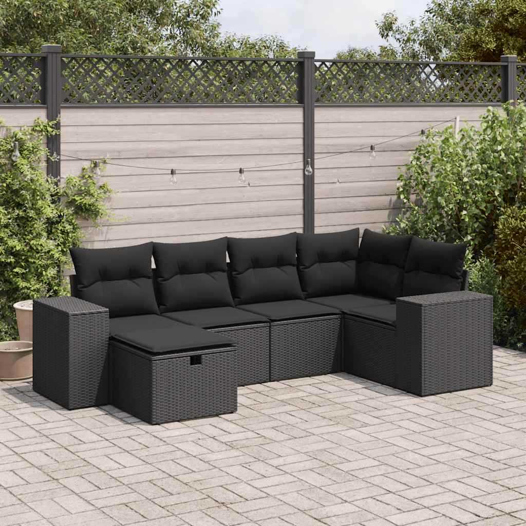 6 Pcs conjunto sofás de jardim c/ almofadões vime PE preto