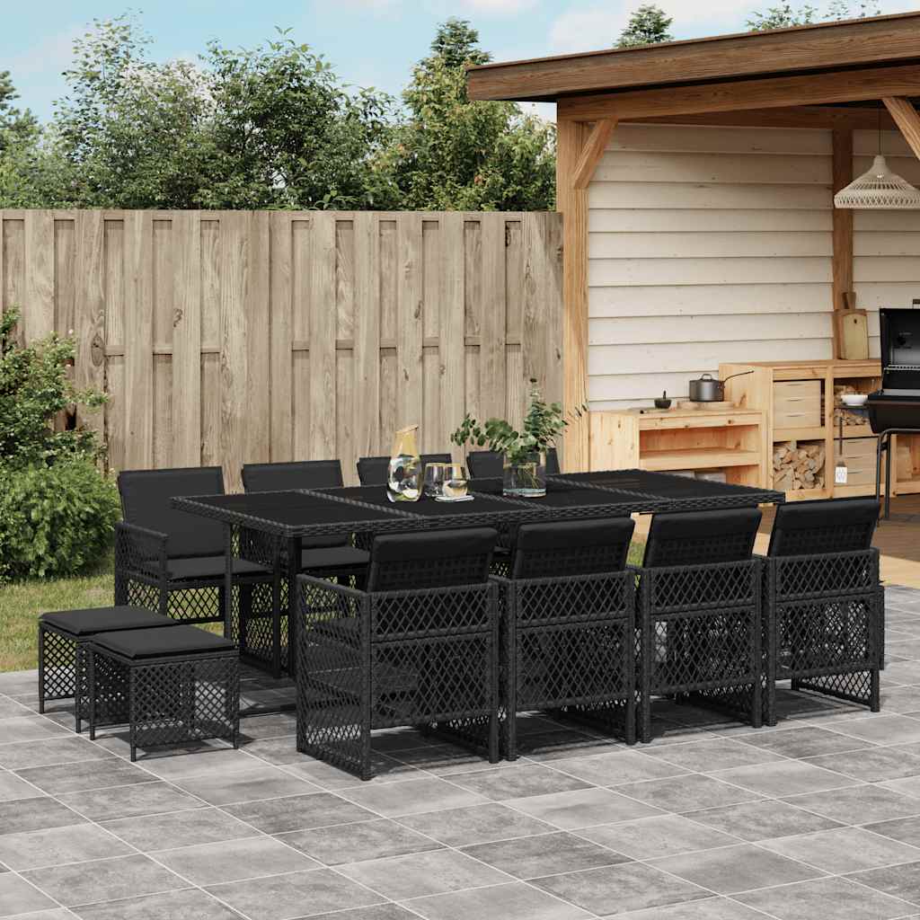 13 Pcs conjunto de jantar p/jardim com almofadões vime PE preto