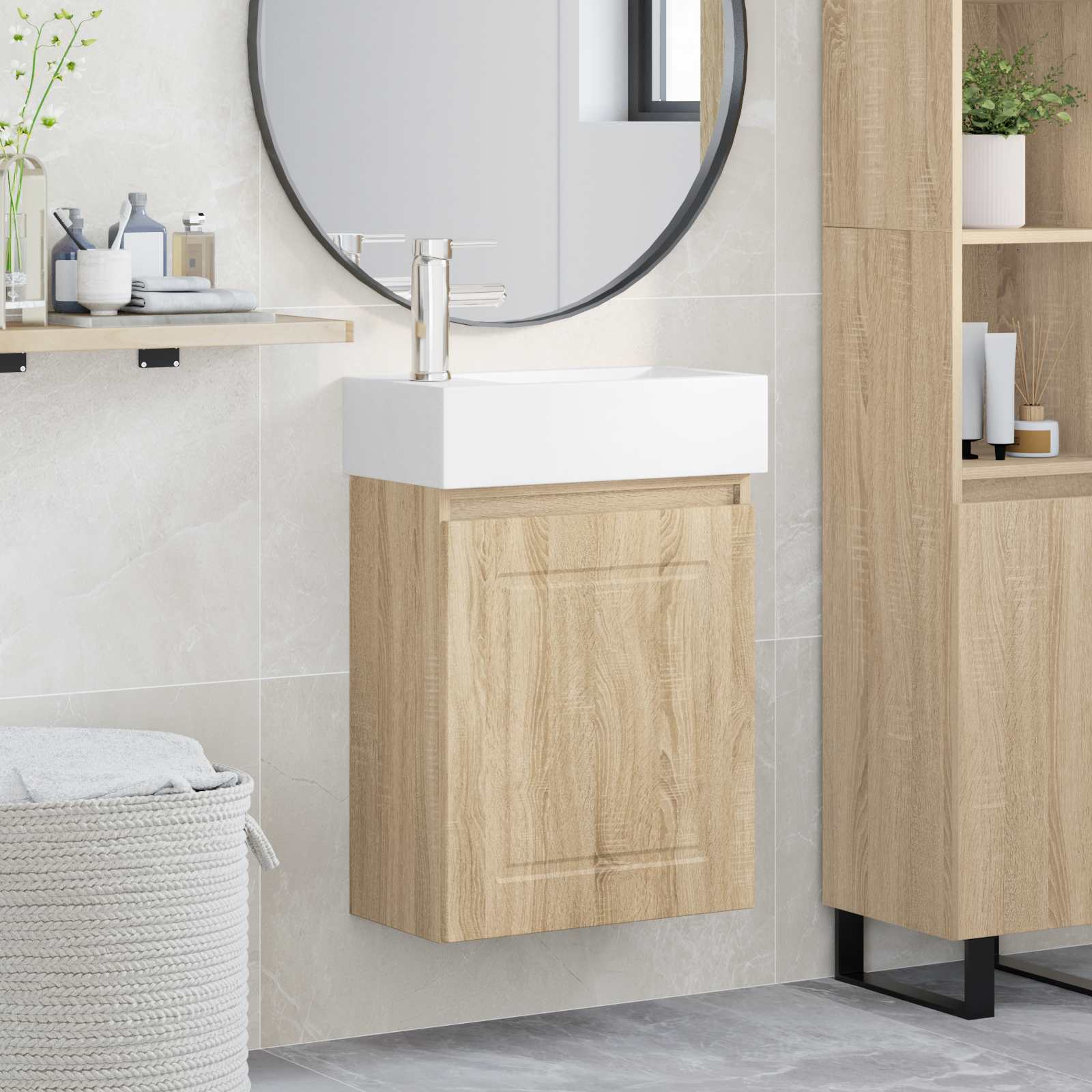 Conjunto de móveis de banheiro com torneira carvalho sonoma