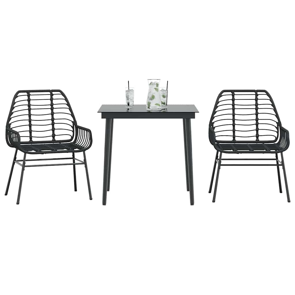 3 Pcs conjunto de jantar para jardim vime PE vidro preto