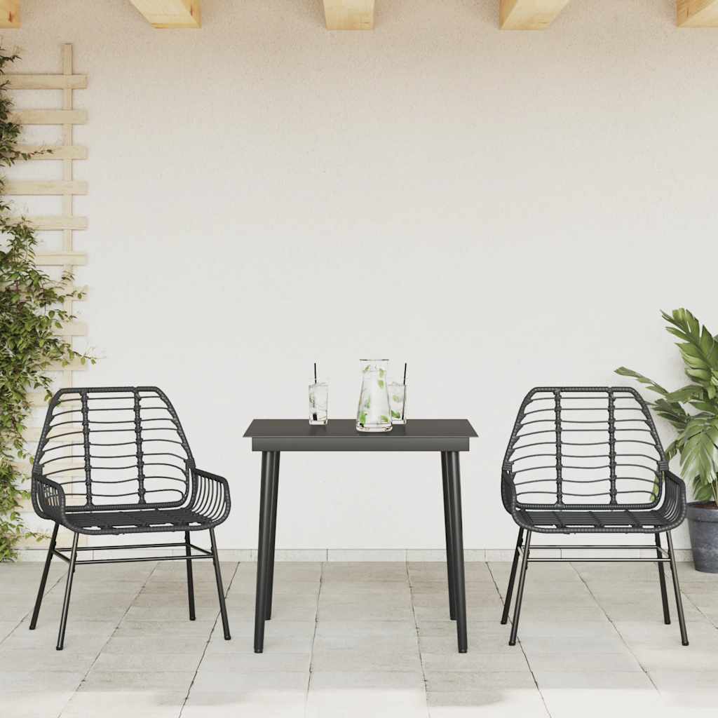 3 Pcs conjunto de jantar para jardim vime PE vidro preto