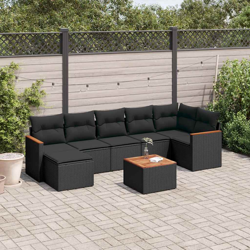 8 Pcs conjunto sofás de jardim com almofadões vime PE preto
