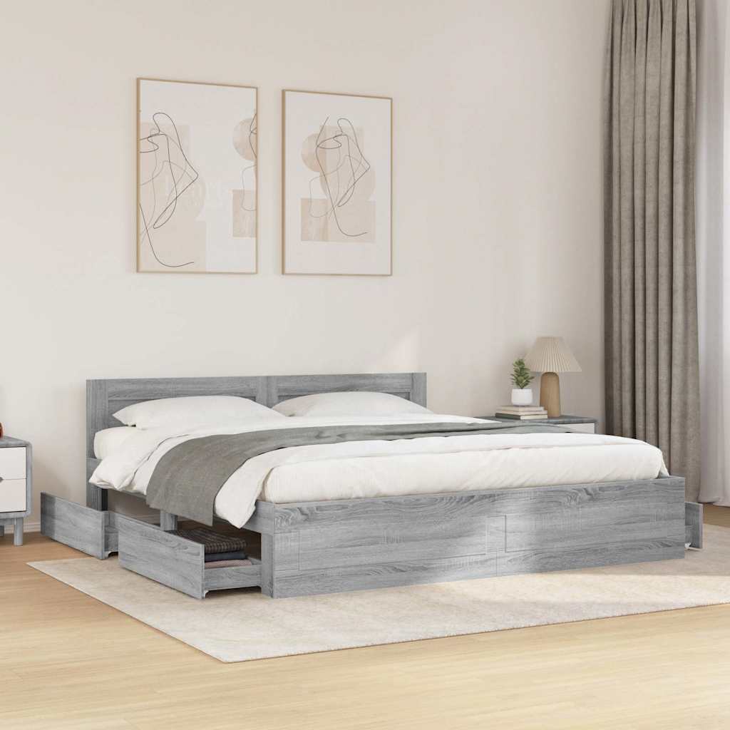Estrutura de cama c/ cabeceira derivados madeira cinza sonoma