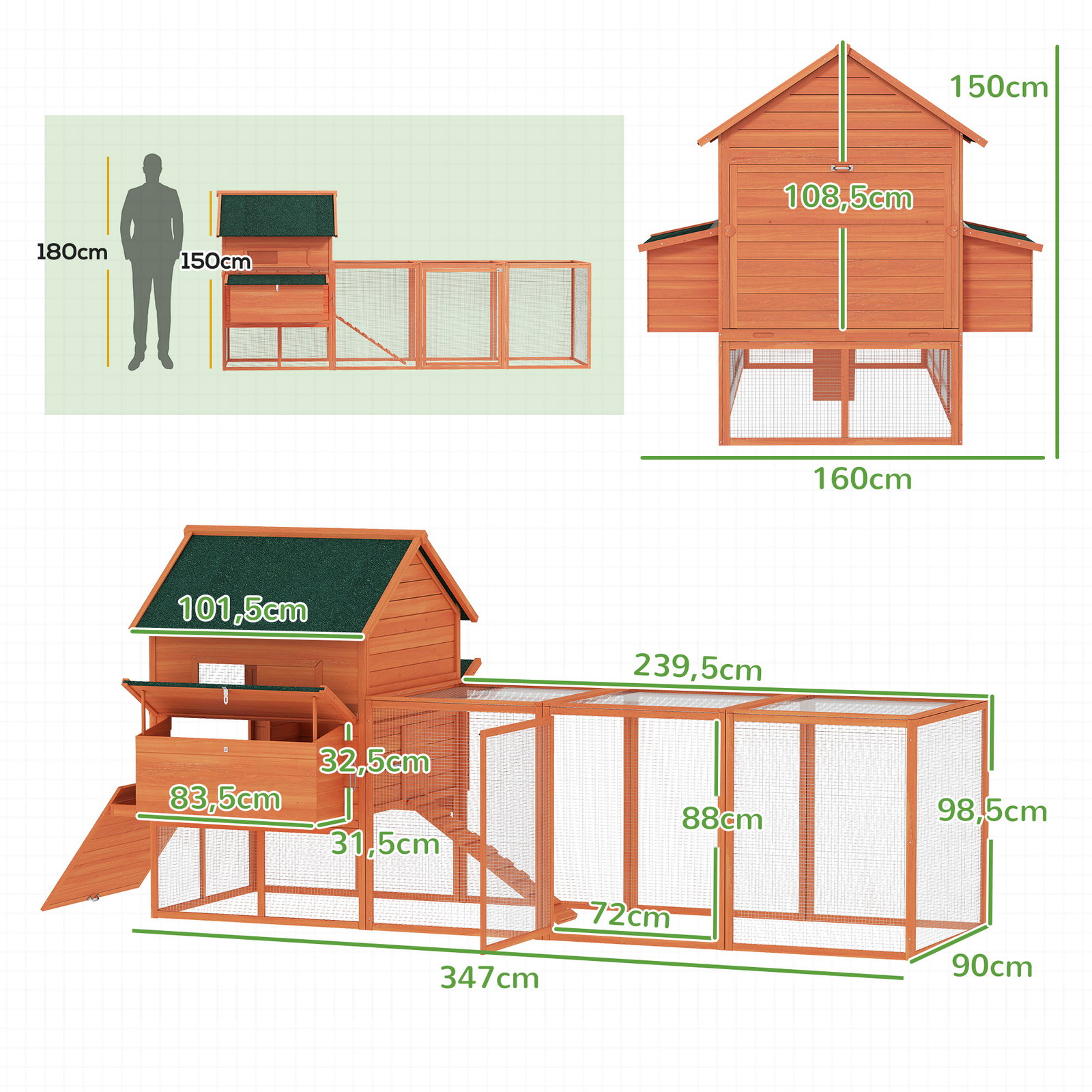 Galinheiro de madeira grande de exterior com 2 ninhos telhado asfáltico bandeja removível e rampa 347x160x150 cm madeira