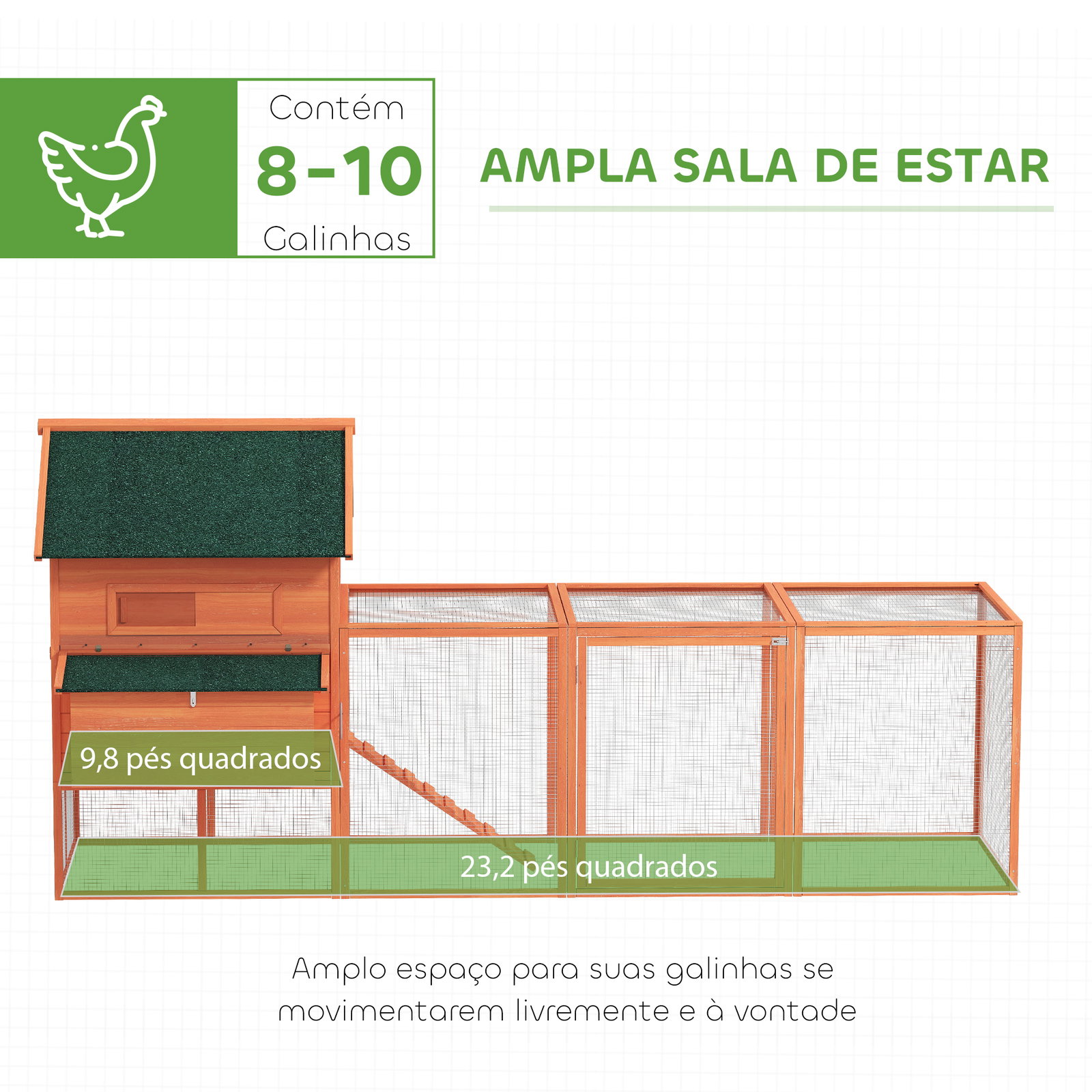 Galinheiro de madeira grande de exterior com 2 ninhos telhado asfáltico bandeja removível e rampa 347x160x150 cm madeira