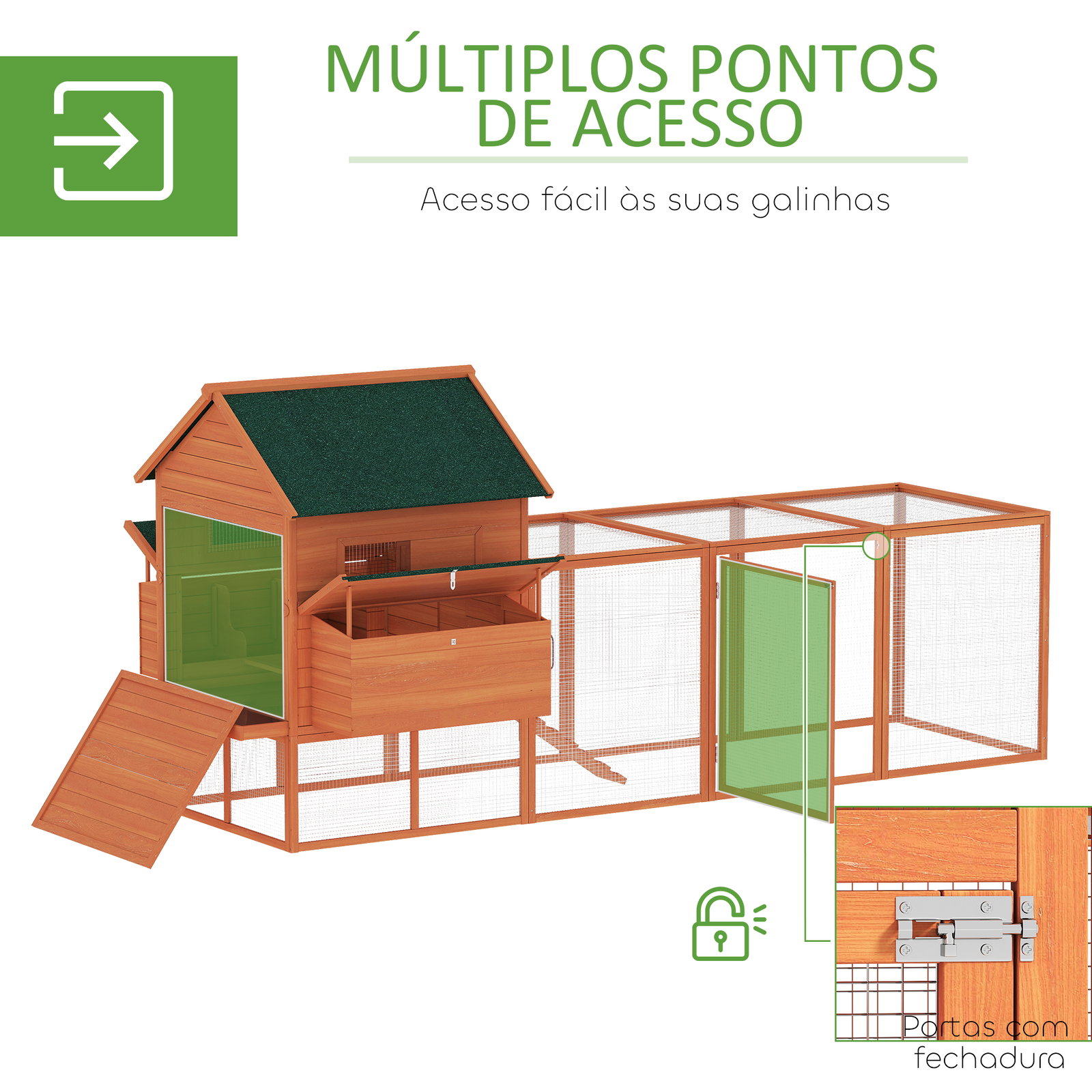 Galinheiro de madeira grande de exterior com 2 ninhos telhado asfáltico bandeja removível e rampa 347x160x150 cm madeira