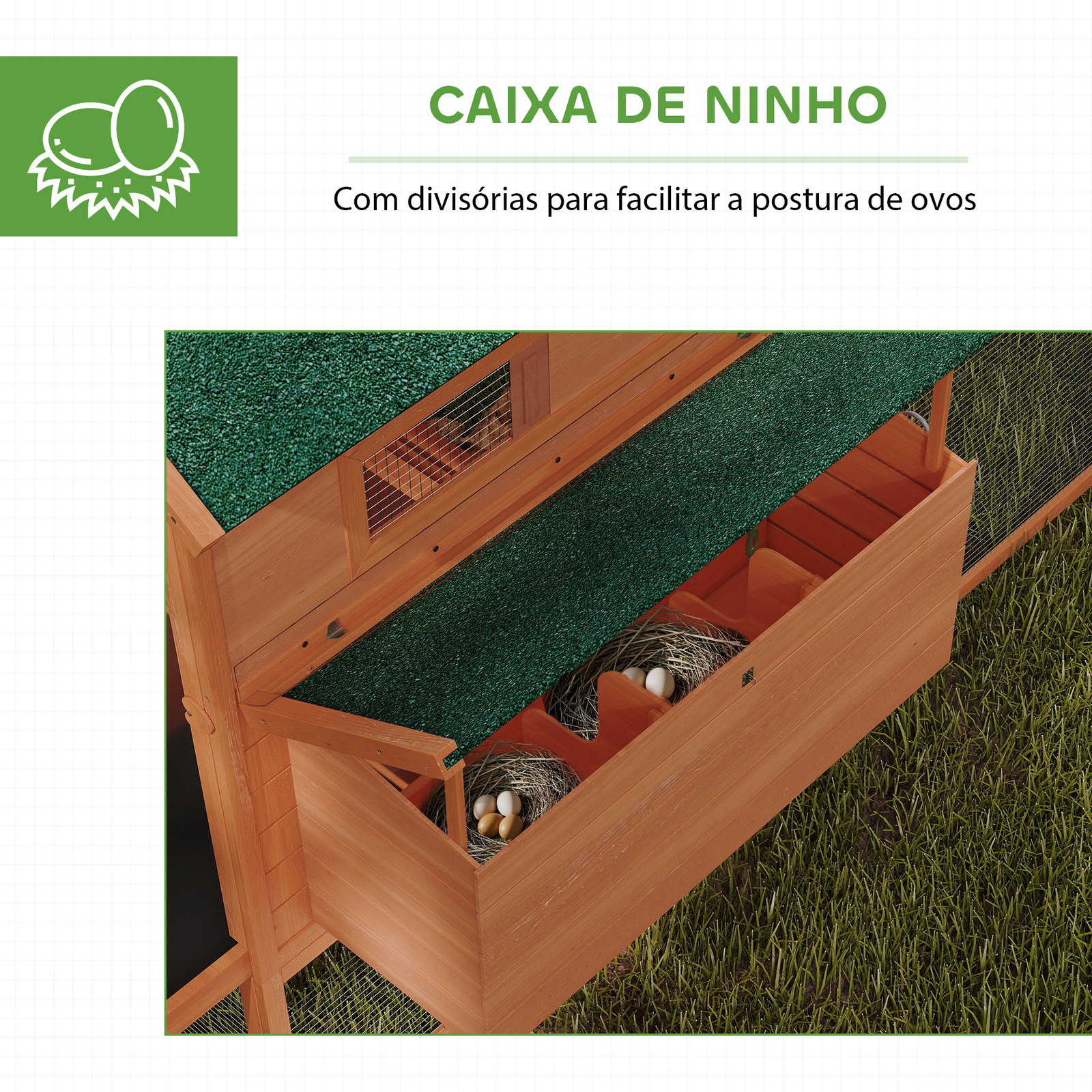 Galinheiro de madeira grande de exterior com 2 ninhos telhado asfáltico bandeja removível e rampa 347x160x150 cm madeira