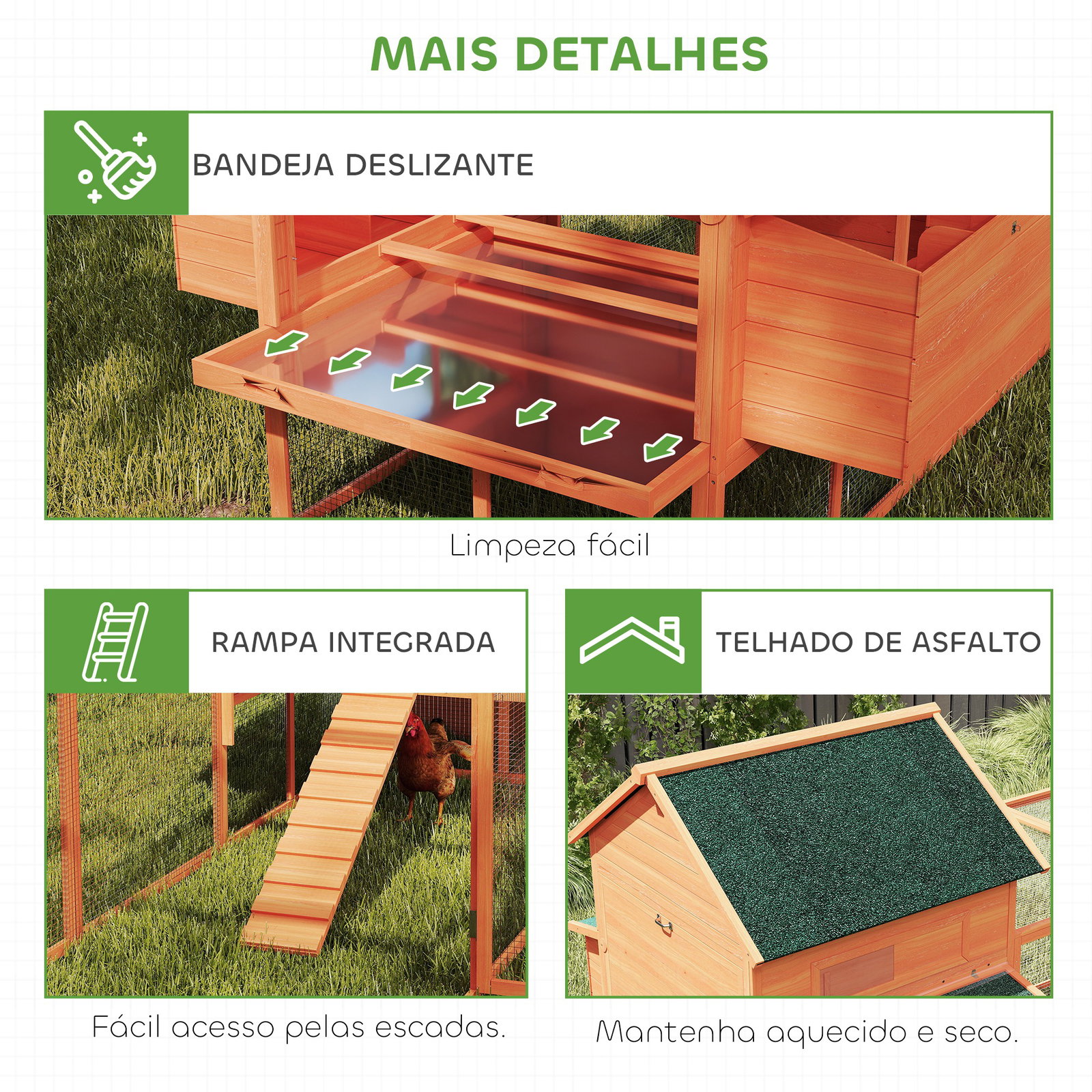 Galinheiro de madeira grande de exterior com 2 ninhos telhado asfáltico bandeja removível e rampa 347x160x150 cm madeira
