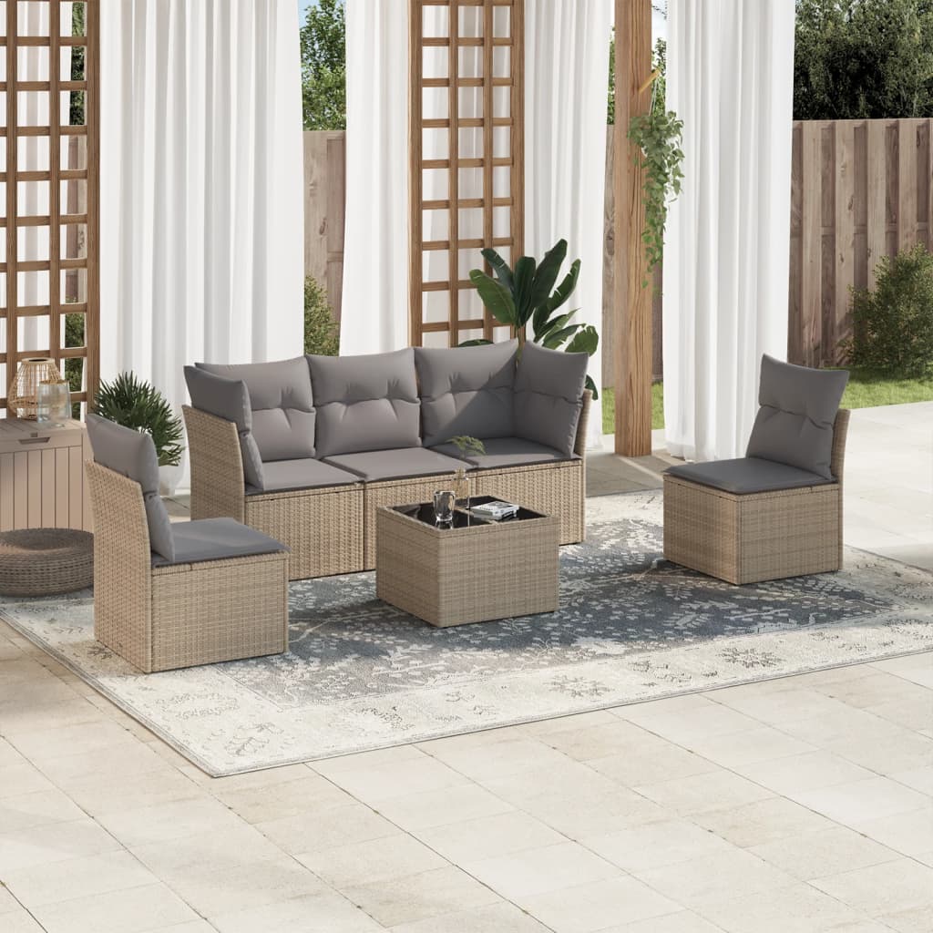 6 Pcs conjunto de sofás p/ jardim com almofadões vime PE bege