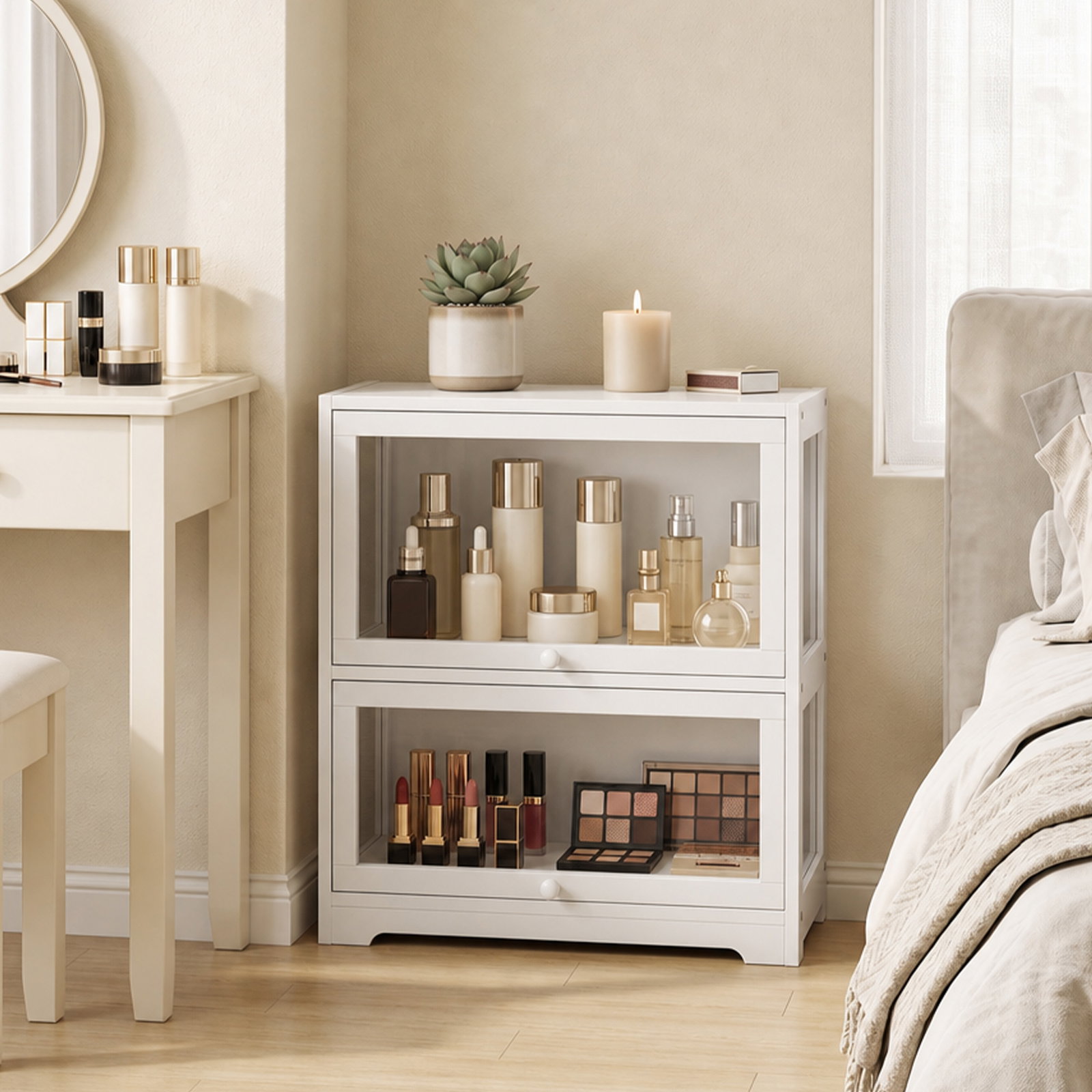 Vitrina expositora para coleções com 2 níveis e portas em acrílico para figuras, 59,5x30x73 cm, branco