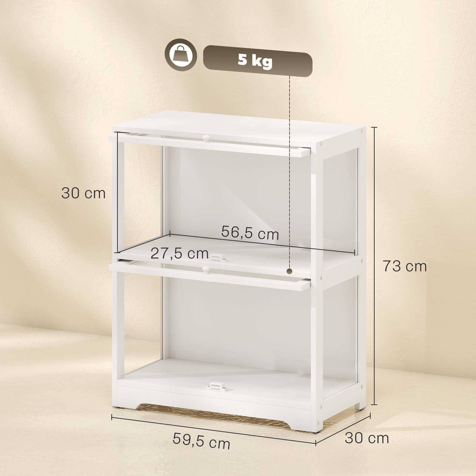 Vitrina expositora para coleções com 2 níveis e portas em acrílico para figuras, 59,5x30x73 cm, branco
