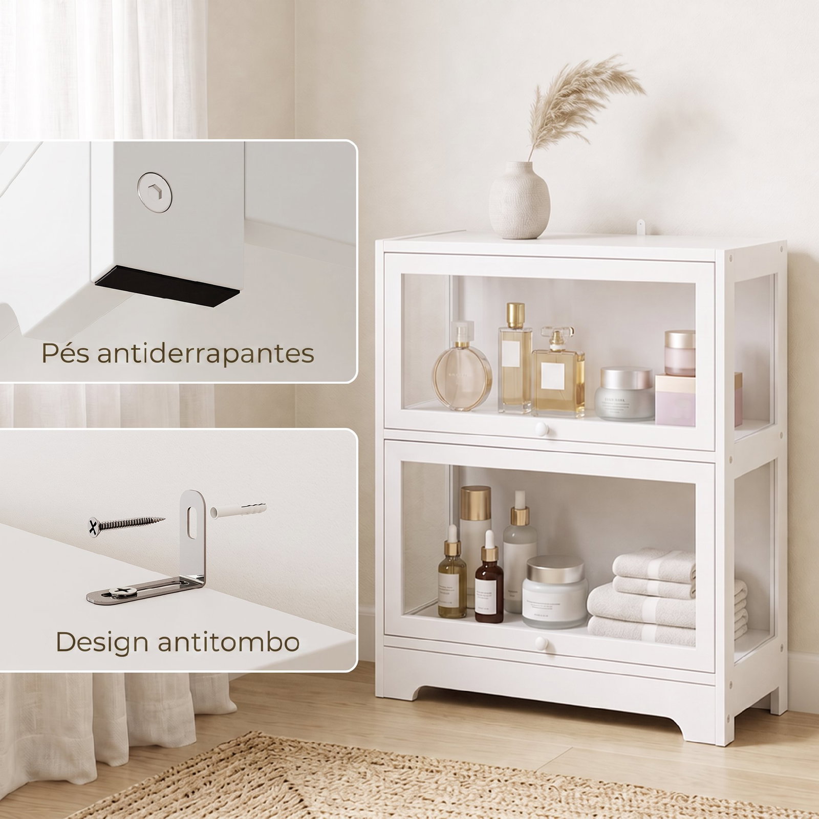 Vitrina expositora para coleções com 2 níveis e portas em acrílico para figuras, 59,5x30x73 cm, branco