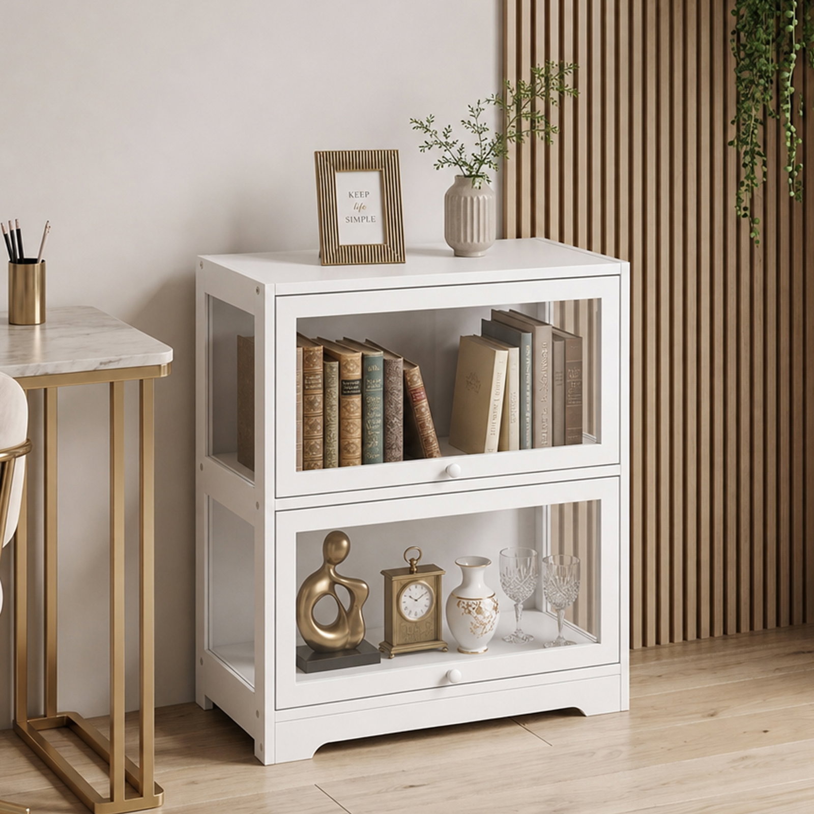 Vitrina expositora para coleções com 2 níveis e portas em acrílico para figuras, 59,5x30x73 cm, branco