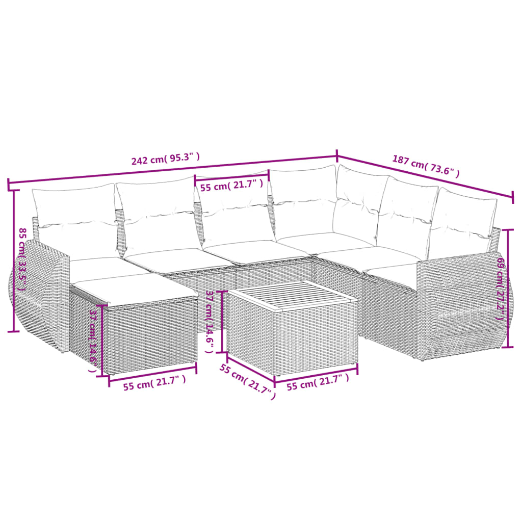 8 Pcs conjunto sofás de jardim com almofadões vime PE preto