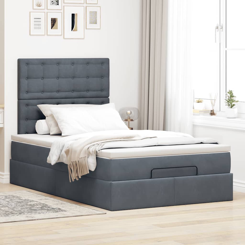 Estrutura de cama otomana com colchões cinza escuro veludo