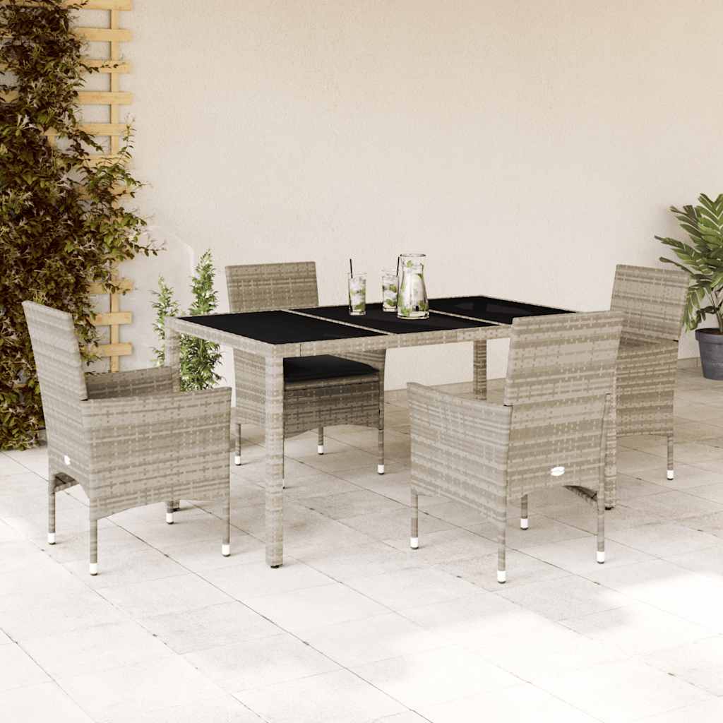 5 Pcs conjunto jantar jardim c/ almofadões PE/vidro cinza claro
