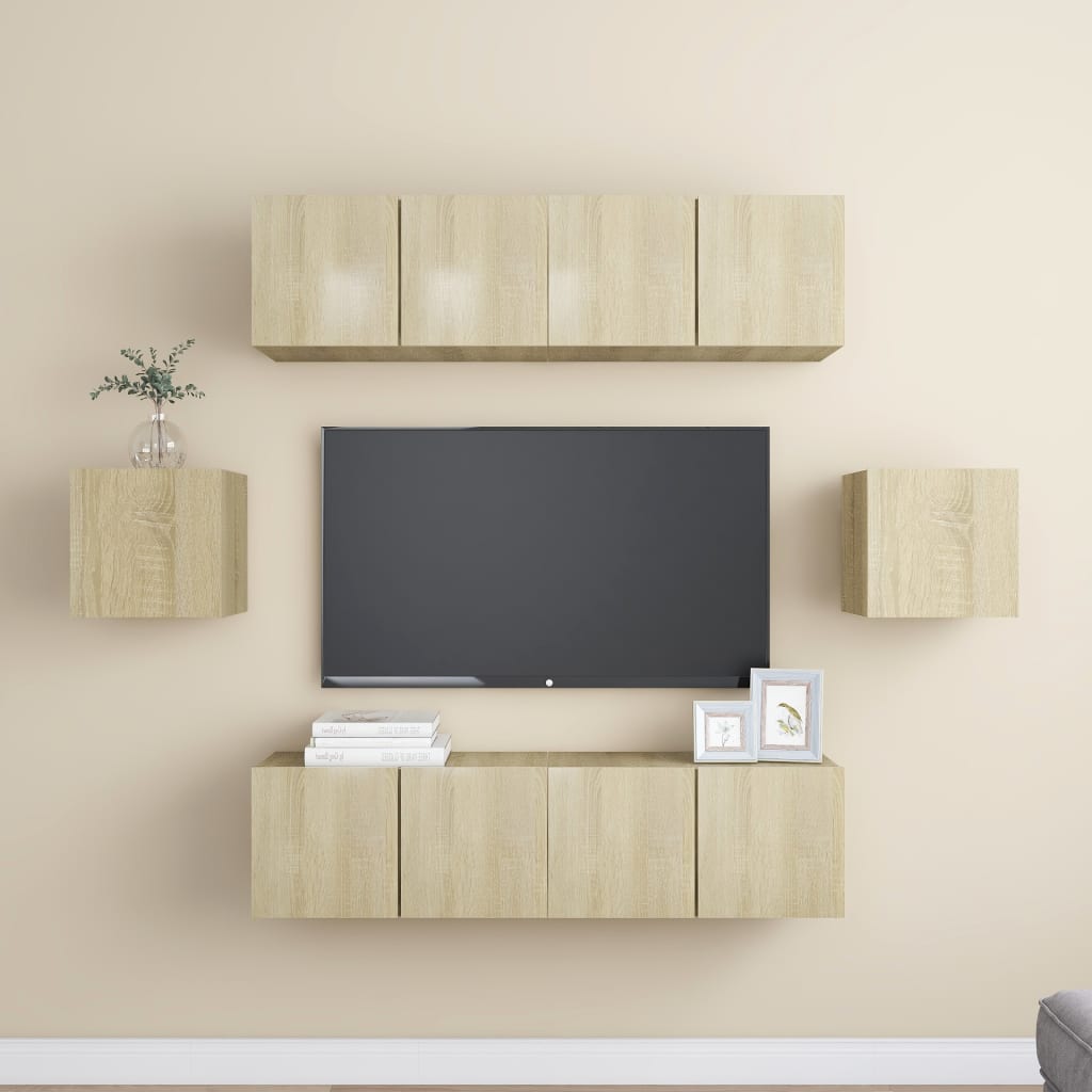 6 Pcs conjunto móveis de TV derivados madeira carvalho sonoma