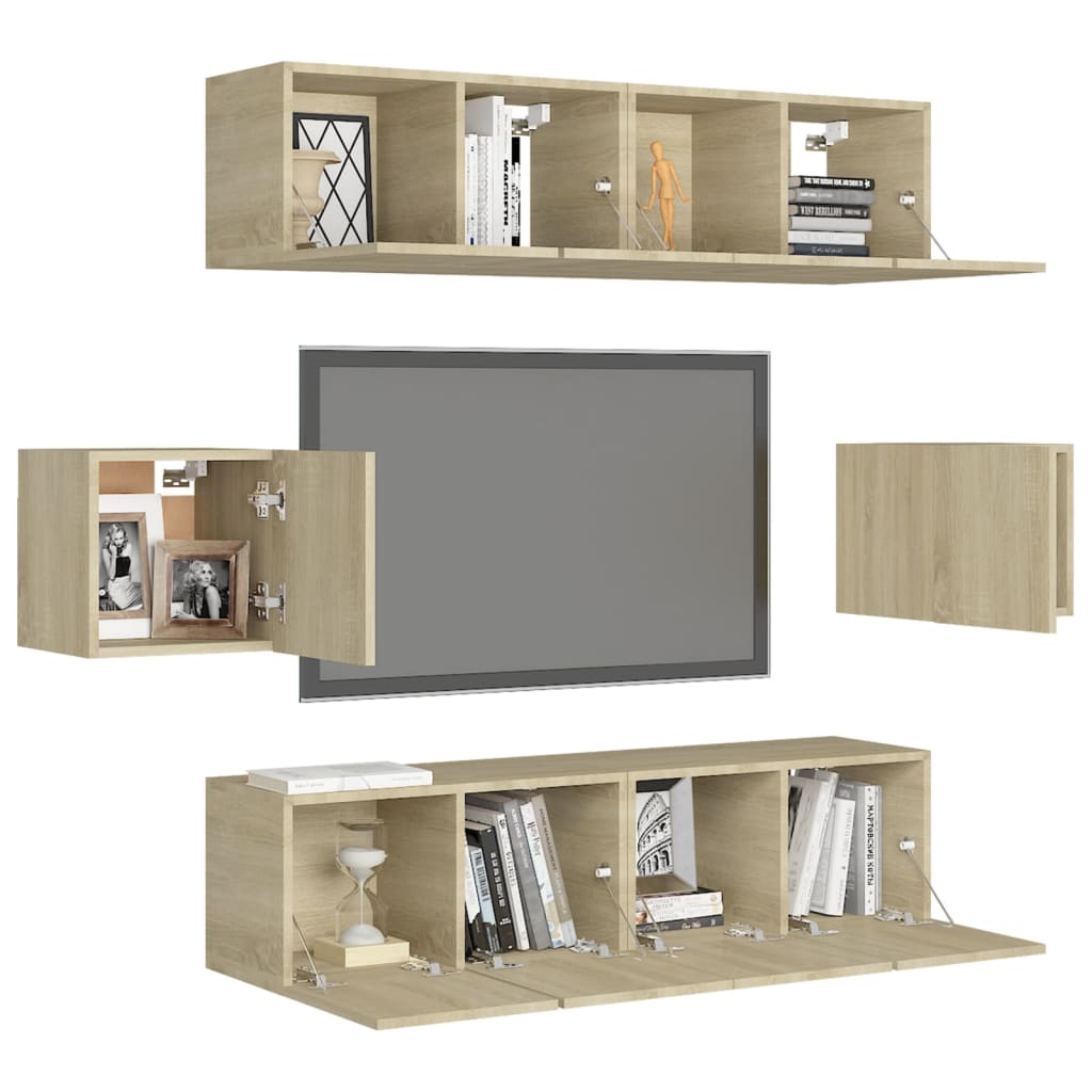 6 Pcs conjunto móveis de TV derivados madeira carvalho sonoma
