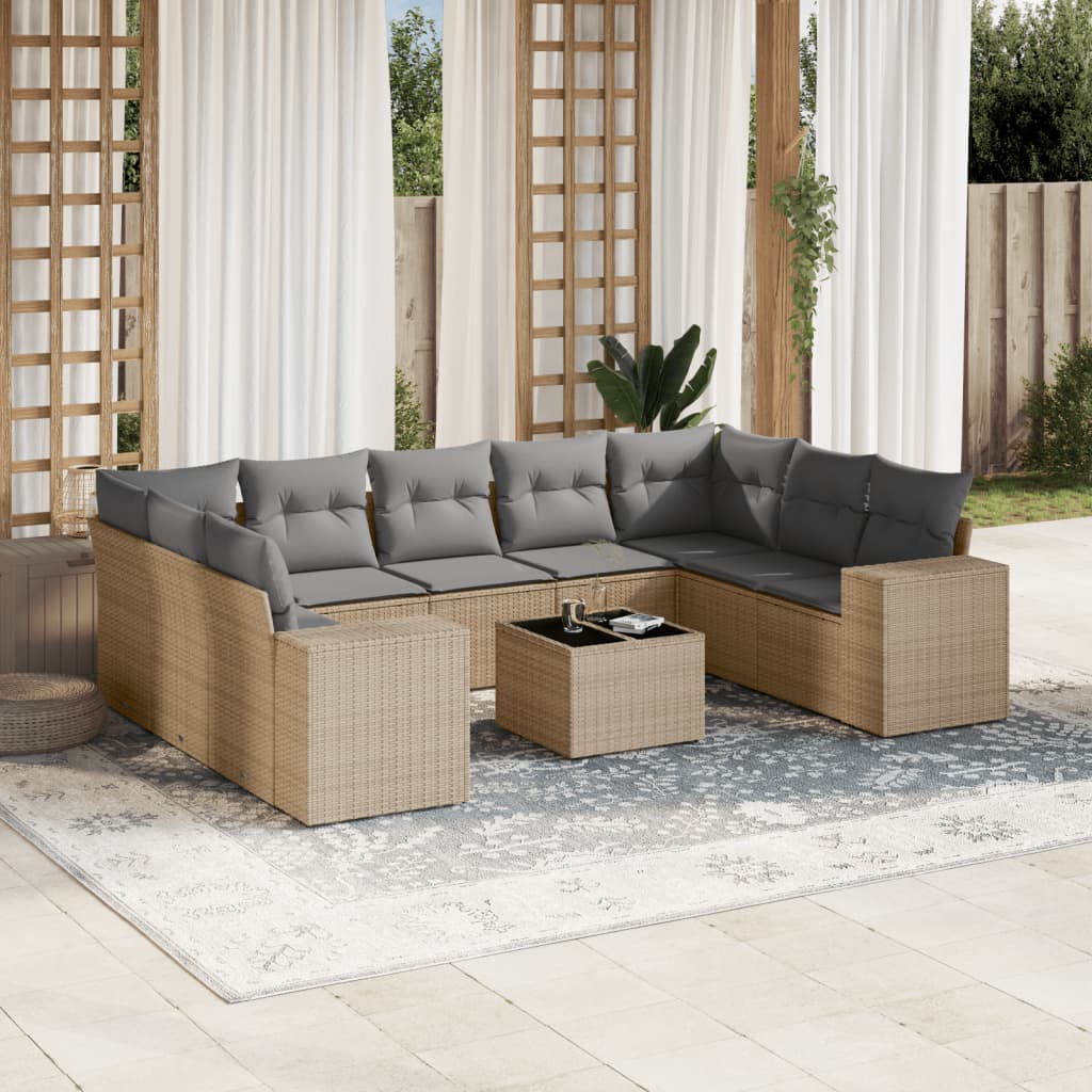 10 Pcs conjunto de sofás p/ jardim com almofadões vime PE bege