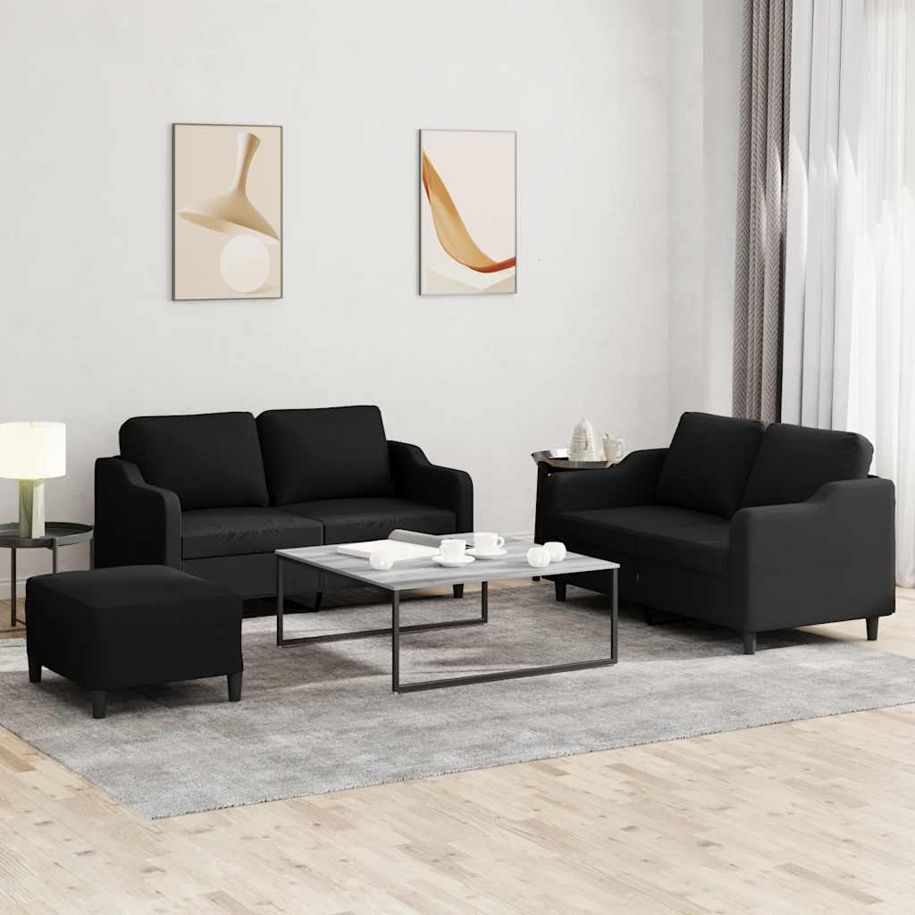 3 Pcs conjunto de sofás com almofadões tecido preto