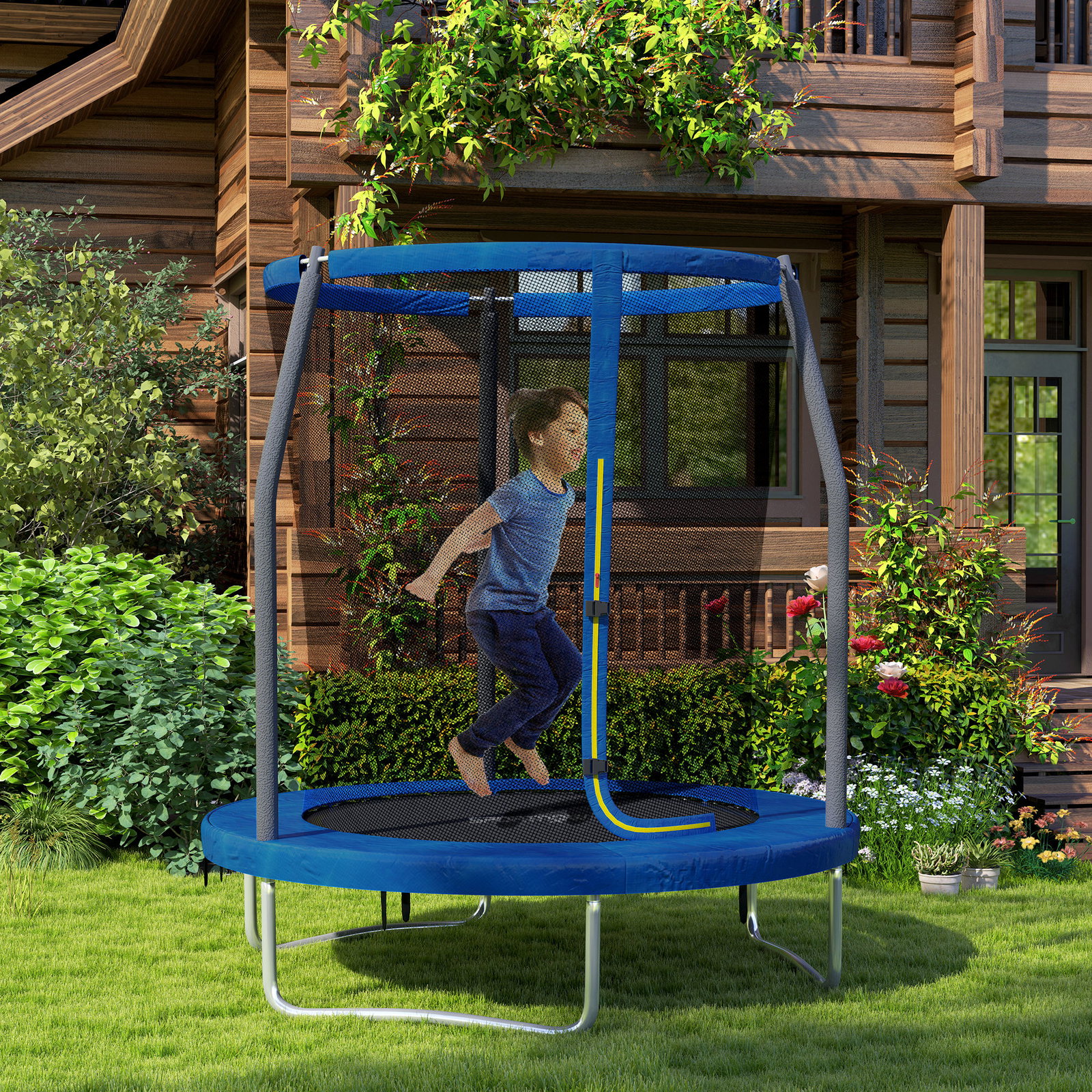 Trampolim infantil ø183 cm, para crianças com rede de segurança barras acolchoadas capa de segurança e estrutura de aço azul