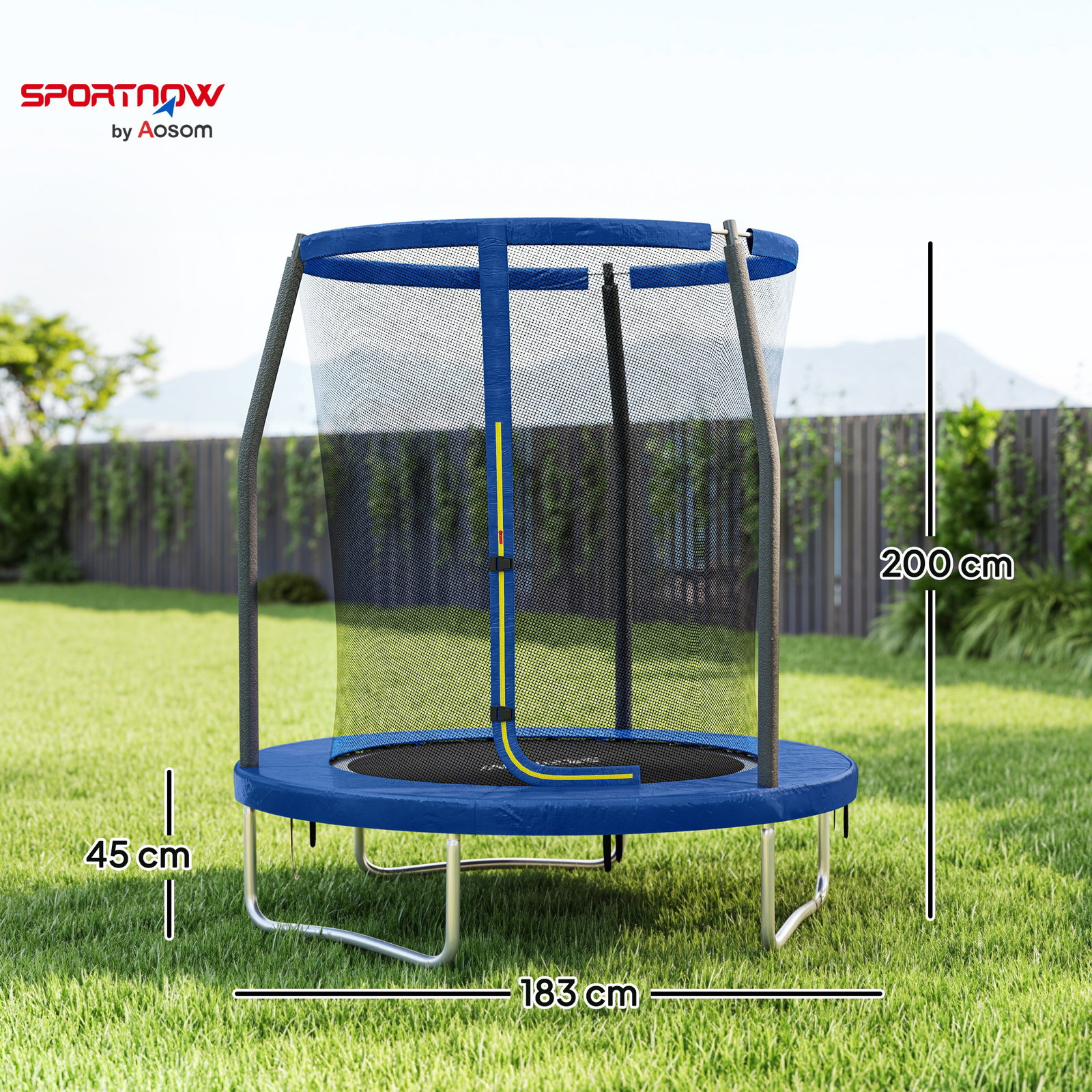 Trampolim infantil ø183 cm, para crianças com rede de segurança barras acolchoadas capa de segurança e estrutura de aço azul