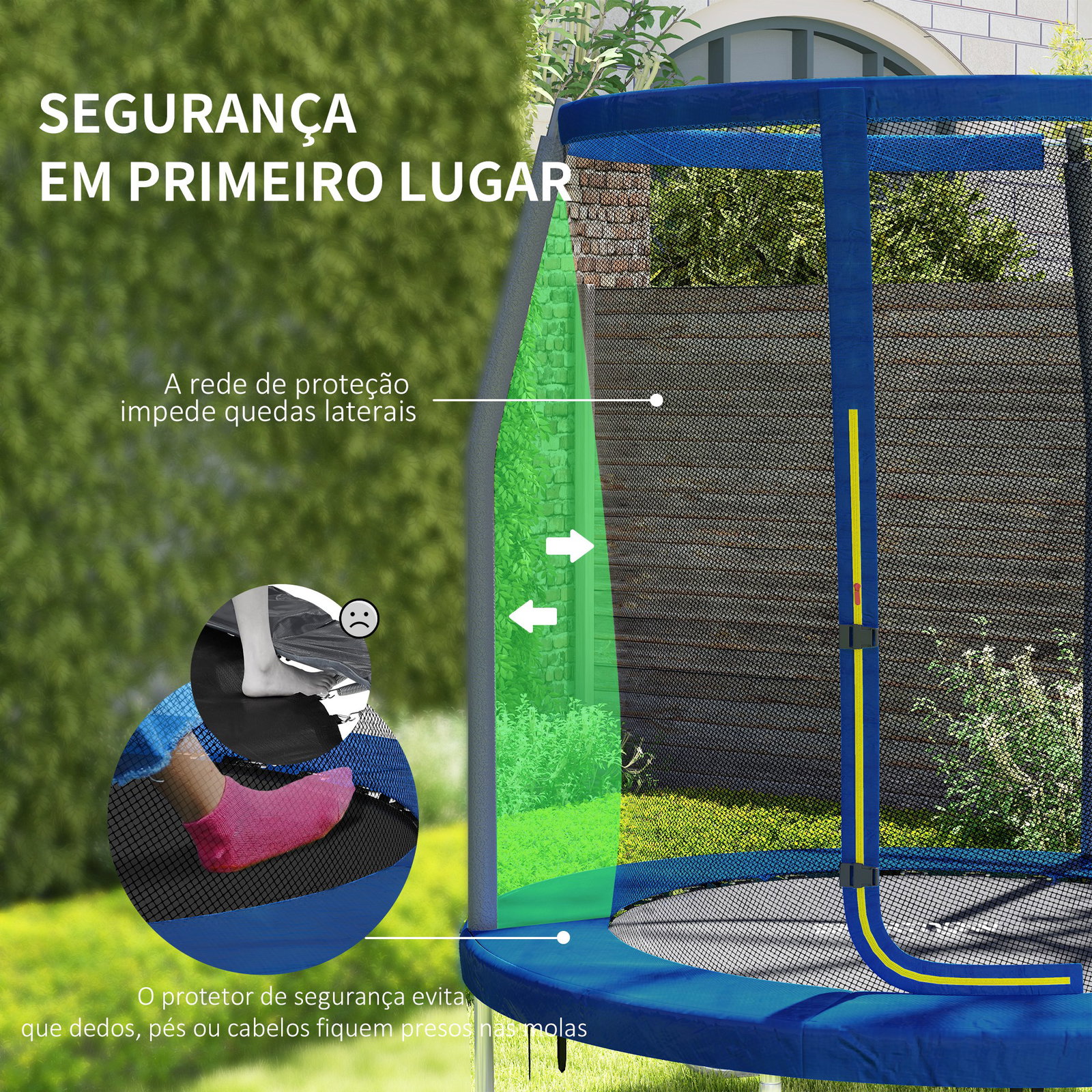Trampolim infantil ø183 cm, para crianças com rede de segurança barras acolchoadas capa de segurança e estrutura de aço azul