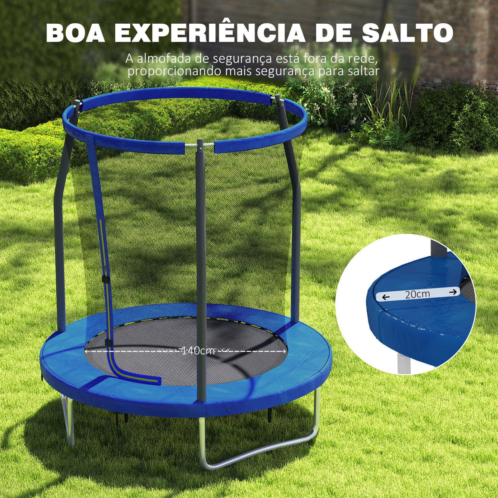 Trampolim infantil ø183 cm, para crianças com rede de segurança barras acolchoadas capa de segurança e estrutura de aço azul