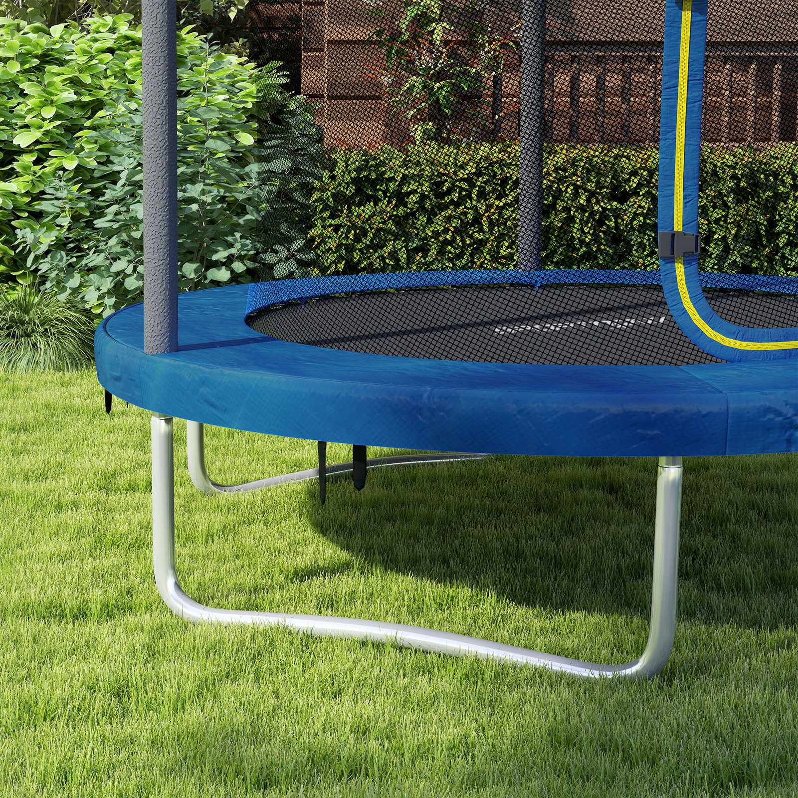 Trampolim infantil ø183 cm, para crianças com rede de segurança barras acolchoadas capa de segurança e estrutura de aço azul