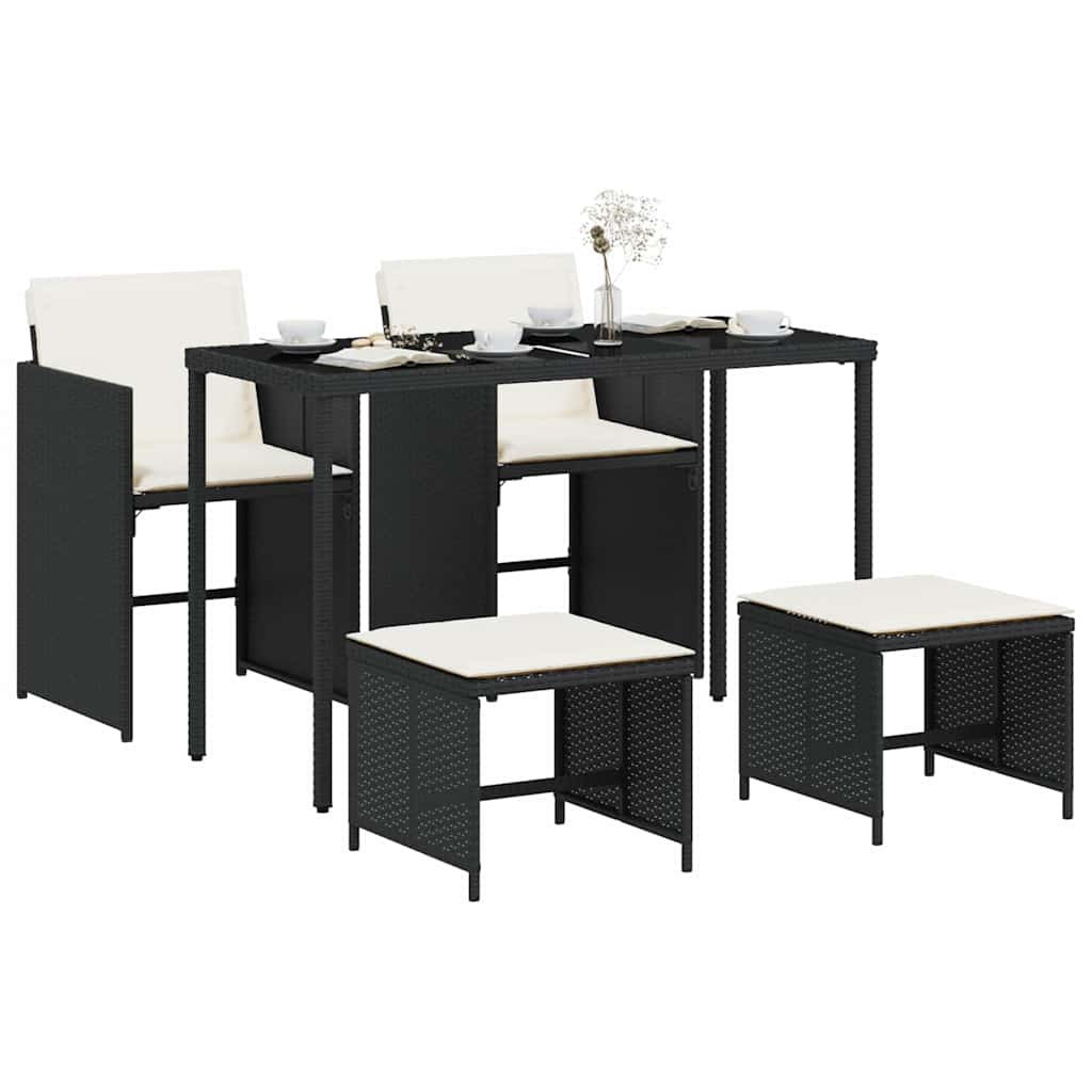 5 Pcs conjunto de jantar p/ jardim c/ almofadões vime PE preto