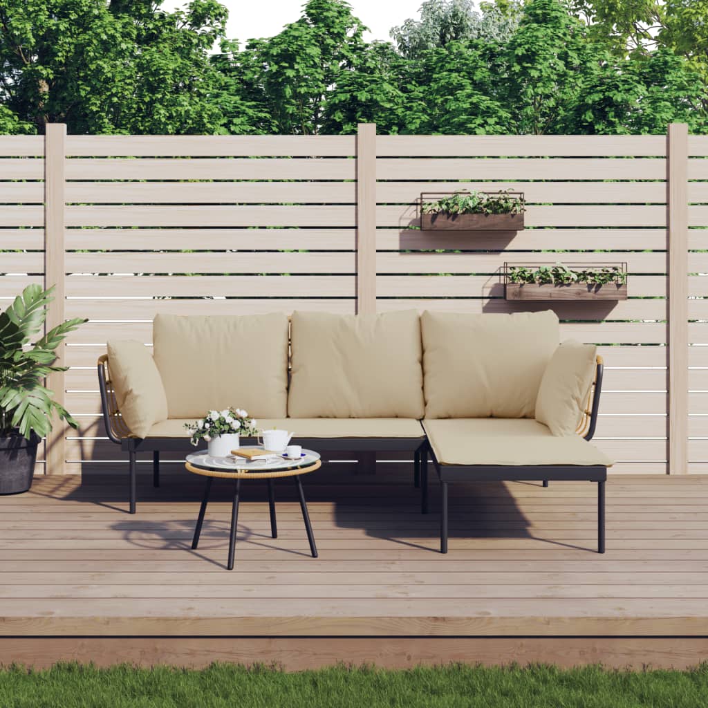 3 Pcs conjunto lounge de jardim c/ almofadões beges vime PE